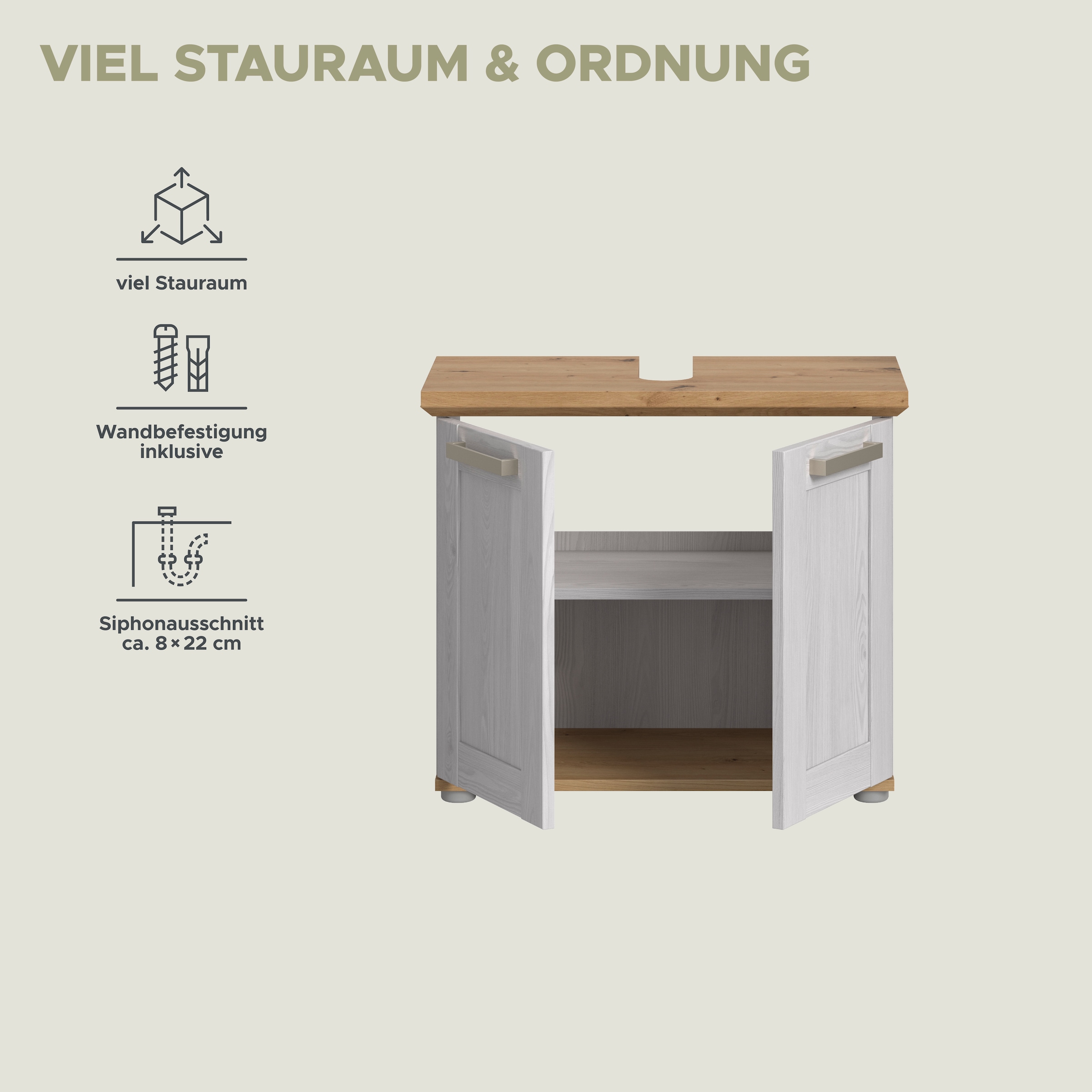 welltime Waschbeckenunterschrank »COSENZA, Breite 69cm, 2 Türen, 1 Einlegeboden, mit Siphonausschnitt« in Landhausoptik, mit weiteren Artikel der Serie kombinierbar, 1 Stk. tlg. Waschbeckenunterschrank, WBU, Bad, Badezimmer