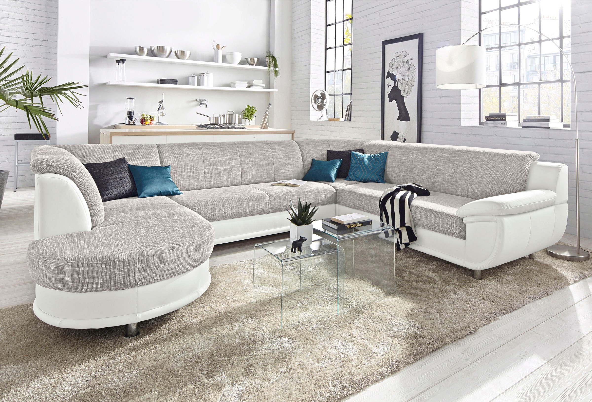 TRENDMANUFAKTUR Wohnlandschaft »Rondo 3, zeitlos und modern, im Materialmix, U-Form«, wahlweise für mehr Komfort mit Federkern, wahlweise mit Bettfunktion