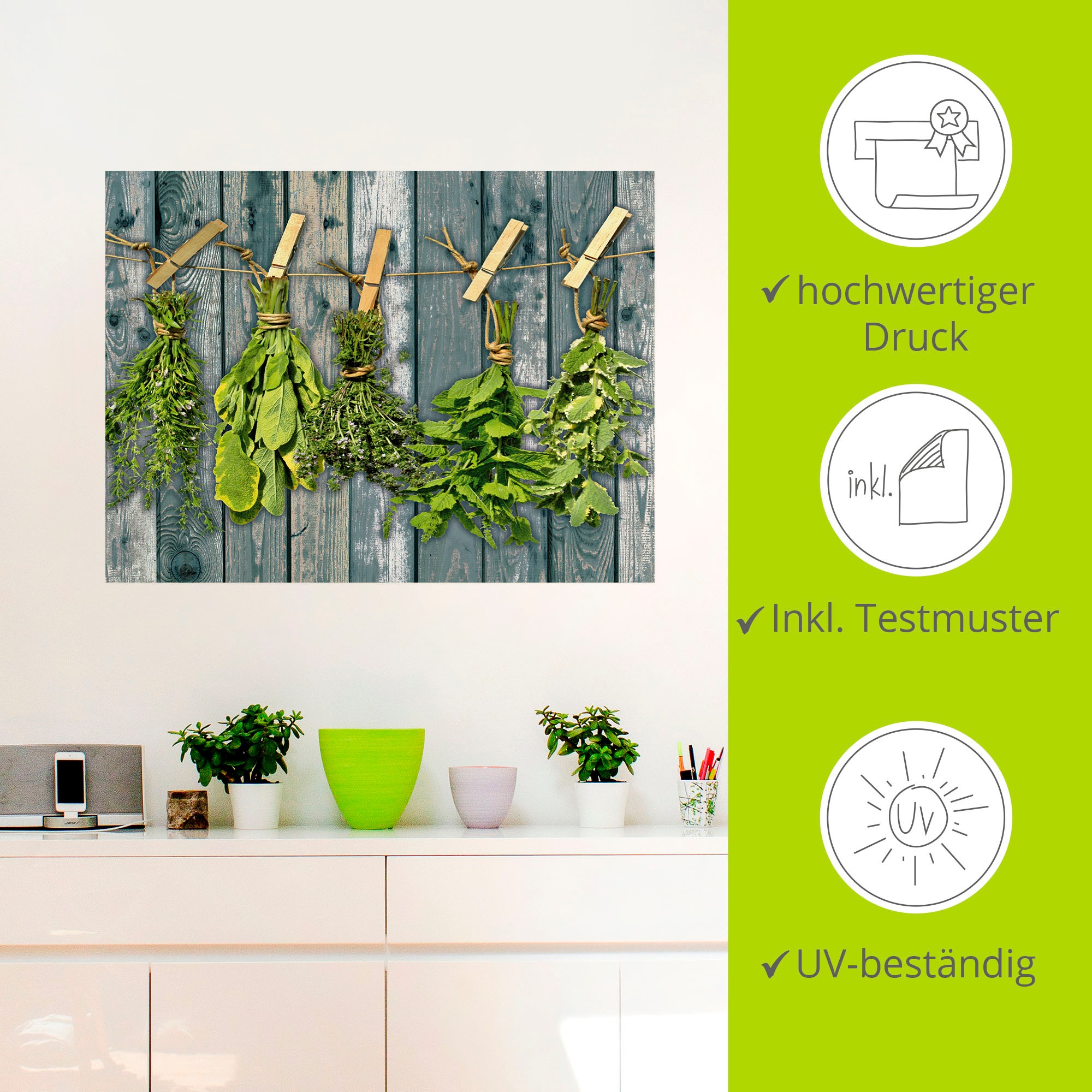Artland Wandbild »Kräuter mit Holzoptik«, Pflanzen, (1 St.), als Alubild, Outdoorbild, Leinwandbild, Wandaufkleber, versch. Größen