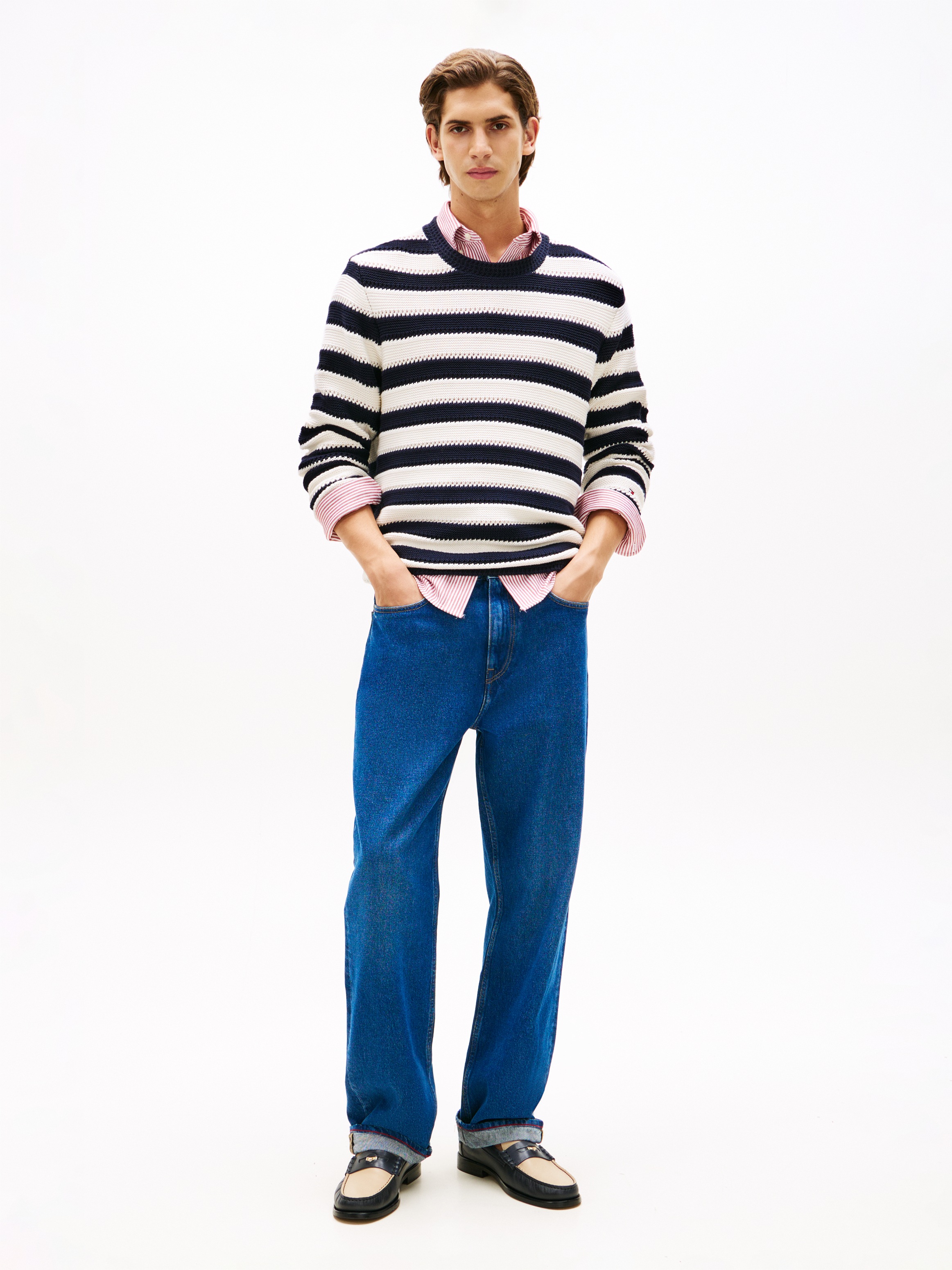 Thumbnail - Tommy Hilfiger Rundhalspullover "CROCHET BLOCK STRIPE CREW NECK" Gestreifter Relaxed Fit Häkelpullover