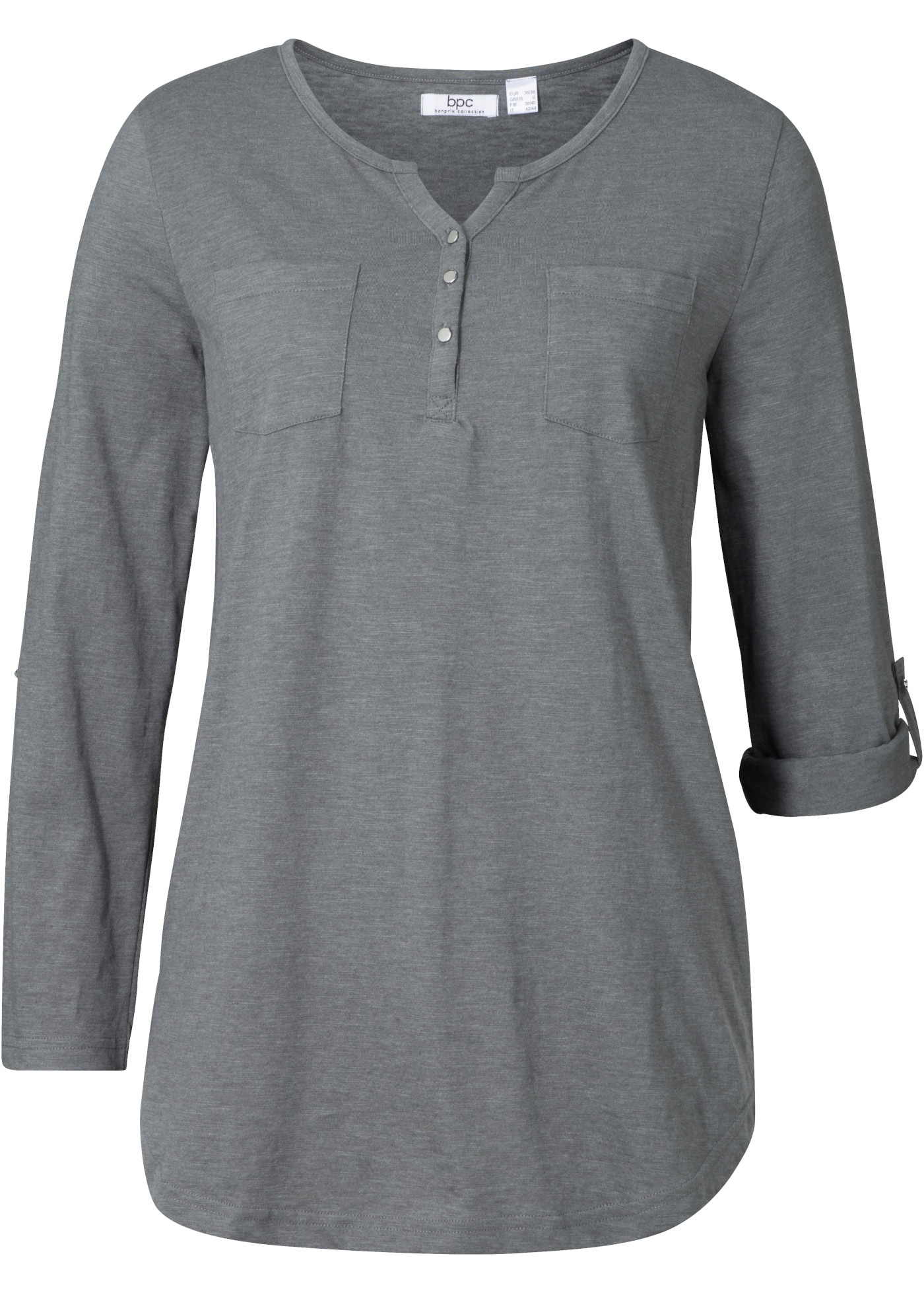 bonprix Henleyshirt mit Knopfleiste, hüftbedeckende Länge, in melierter Optik, Loose Fit