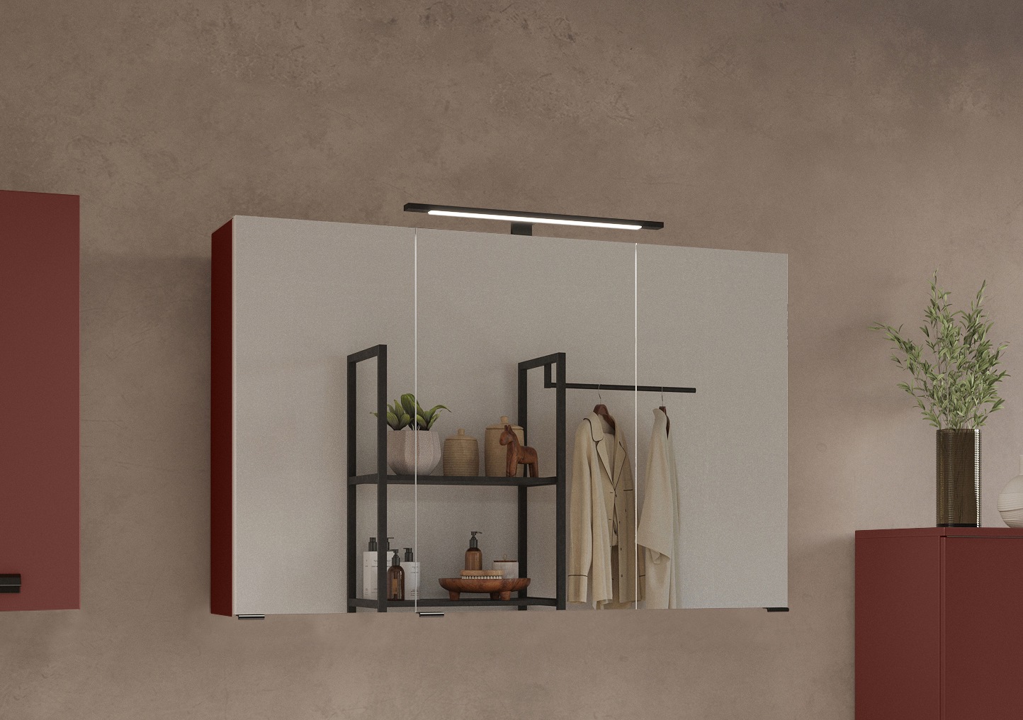 welltime Spiegelschrank »SALVADA, 3D-Spiegelschrank 100 cm, gedämpfte Scharniere, LED-Lampe« Rot, Front und Korpus aus hochwertigen MDF, Anti-Finger-Print