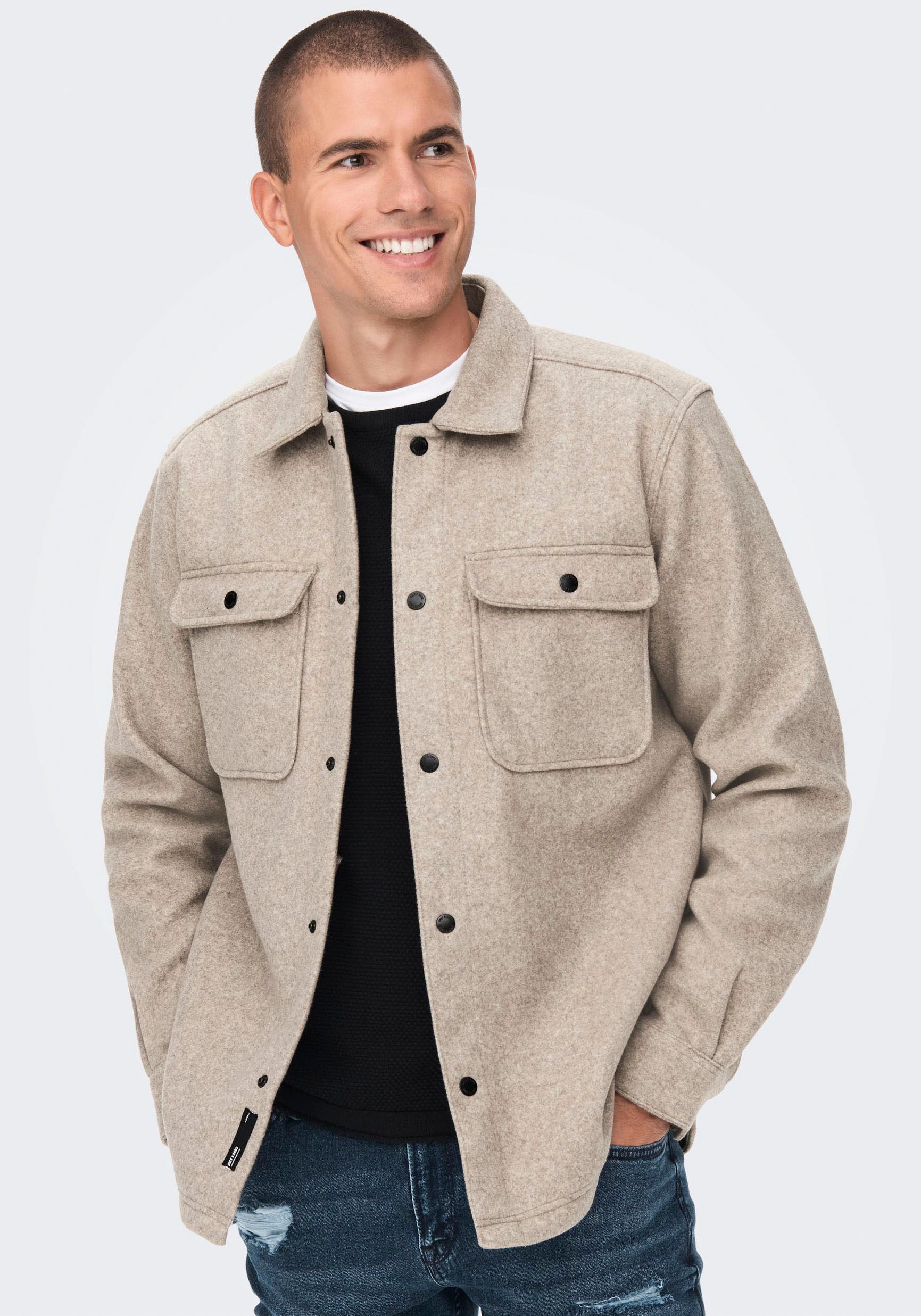 ONLY & SONS "ONSASH OVR WOOLEN LOOK PKT LS SHIRT NOOS" Kunstfaser, regular fit