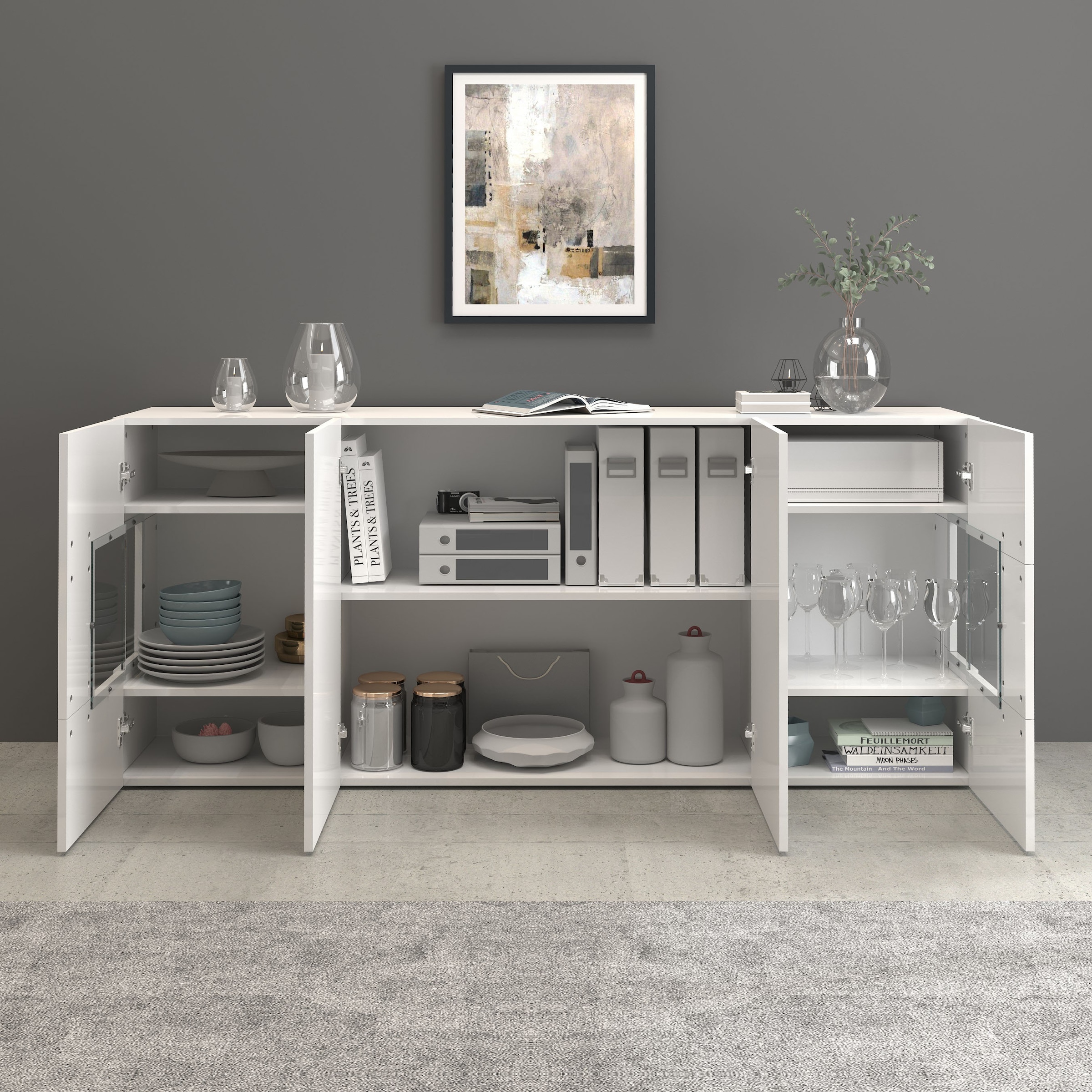 INOSIGN Sideboard »Egypt, Kommode, Schrank, Kredenz, Vitrine grifflos«, 4 Türen davon 2 mit Glaseinsatz, kompl. Hochglanz lackiert, Breite 180