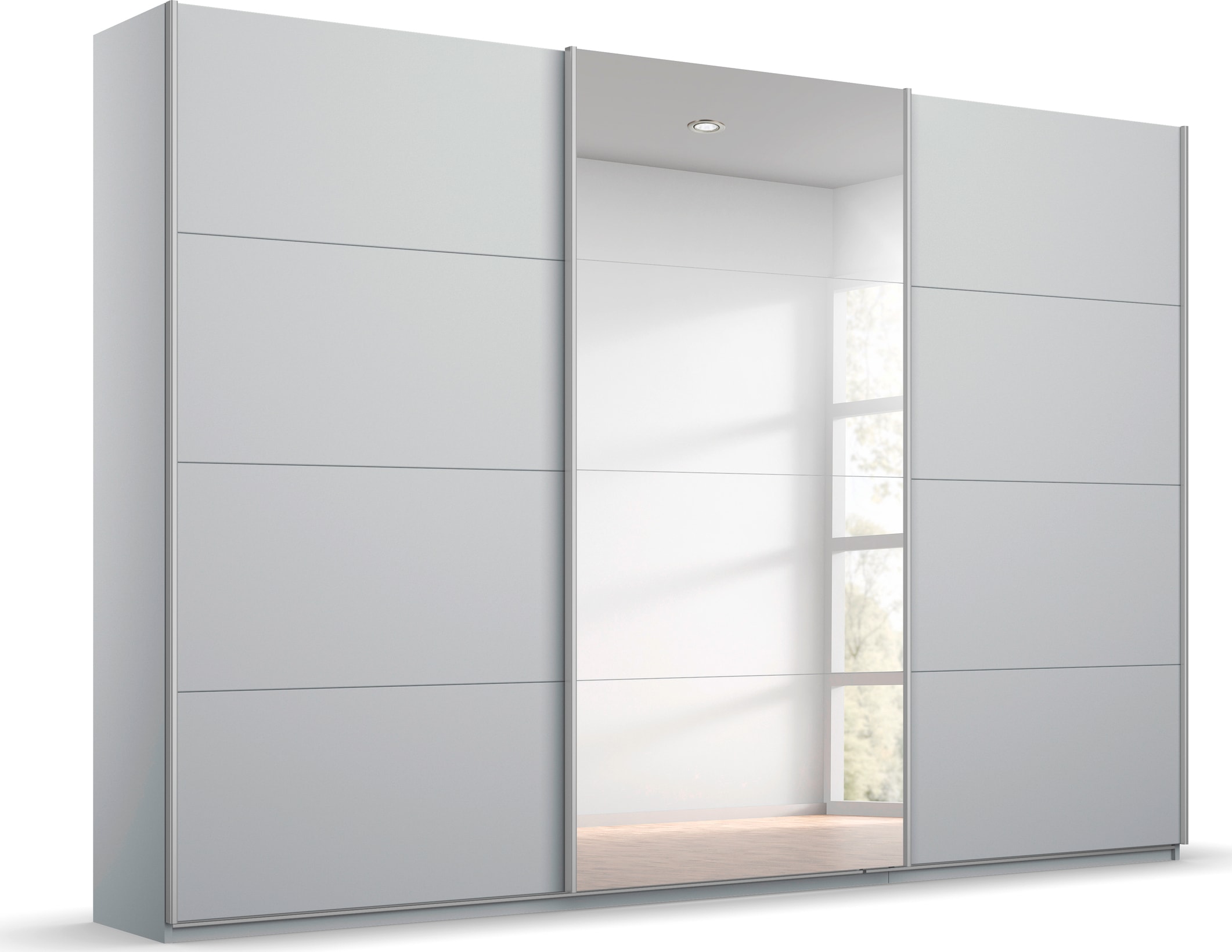 Schwebetürenschrank RAUCH, B:271cm H:210cm T:62cm, grau, Holzwerkstoff, Schränke, "Kleiderschrank Schrank Garderobe BESTSELLER KOLUNA mit Spiegel",