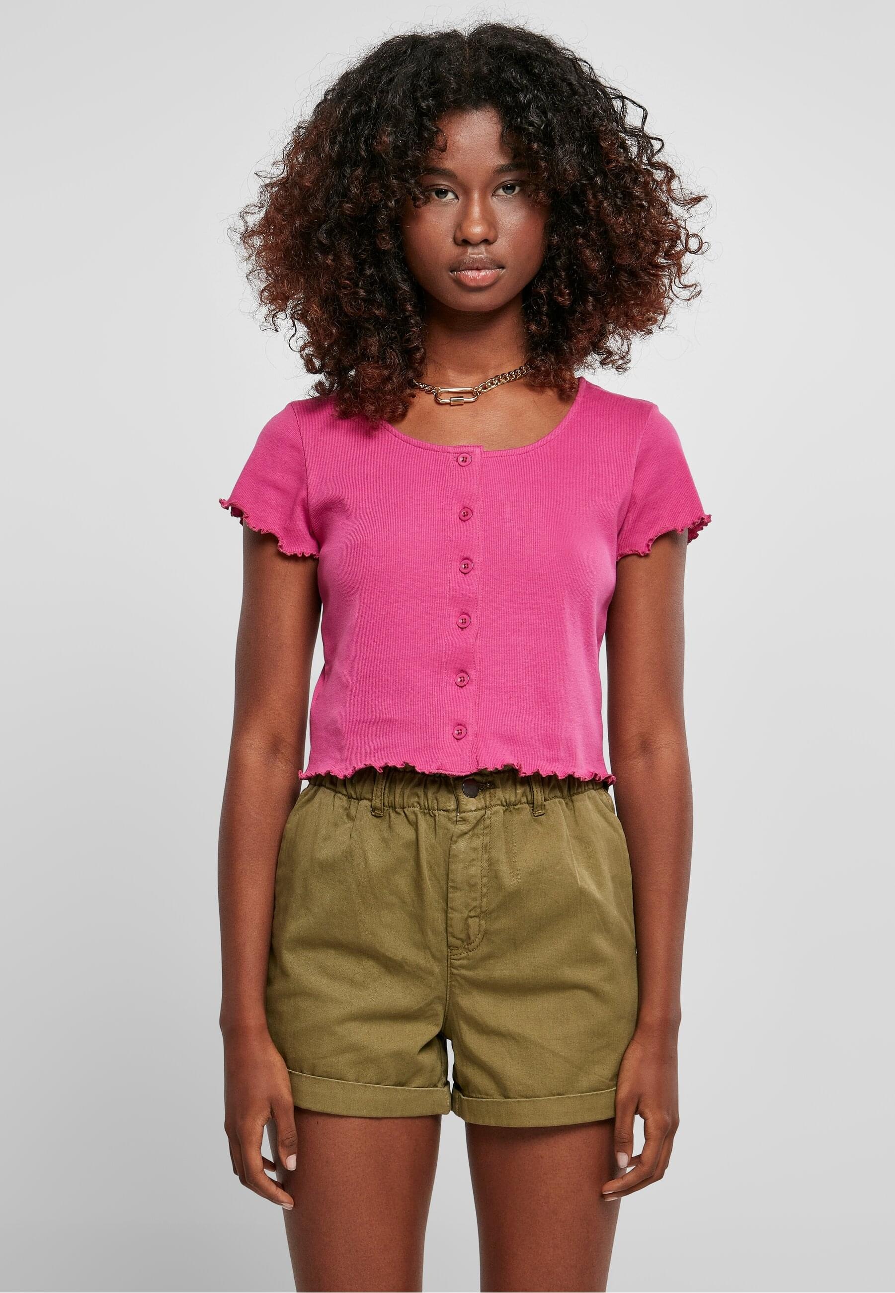 URBAN CLASSICS Kurzarmshirt »Urban Classics Damen Ladies Cropped Button Up Rib Tee«, (1 tlg.)
