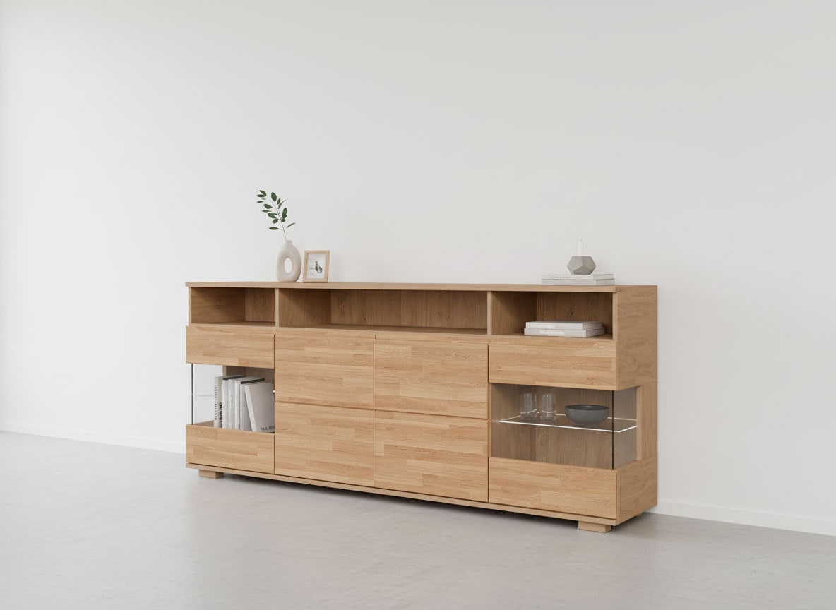 OTTO home Sideboard "VETRO Teilmassiv, Fronten Massivholz, Wohnzimmer, Stauraum,Griffmulde" B/T/H:199/40/85cm, 3 offene Fächer, 6geschlossen Fächer, Stauraum