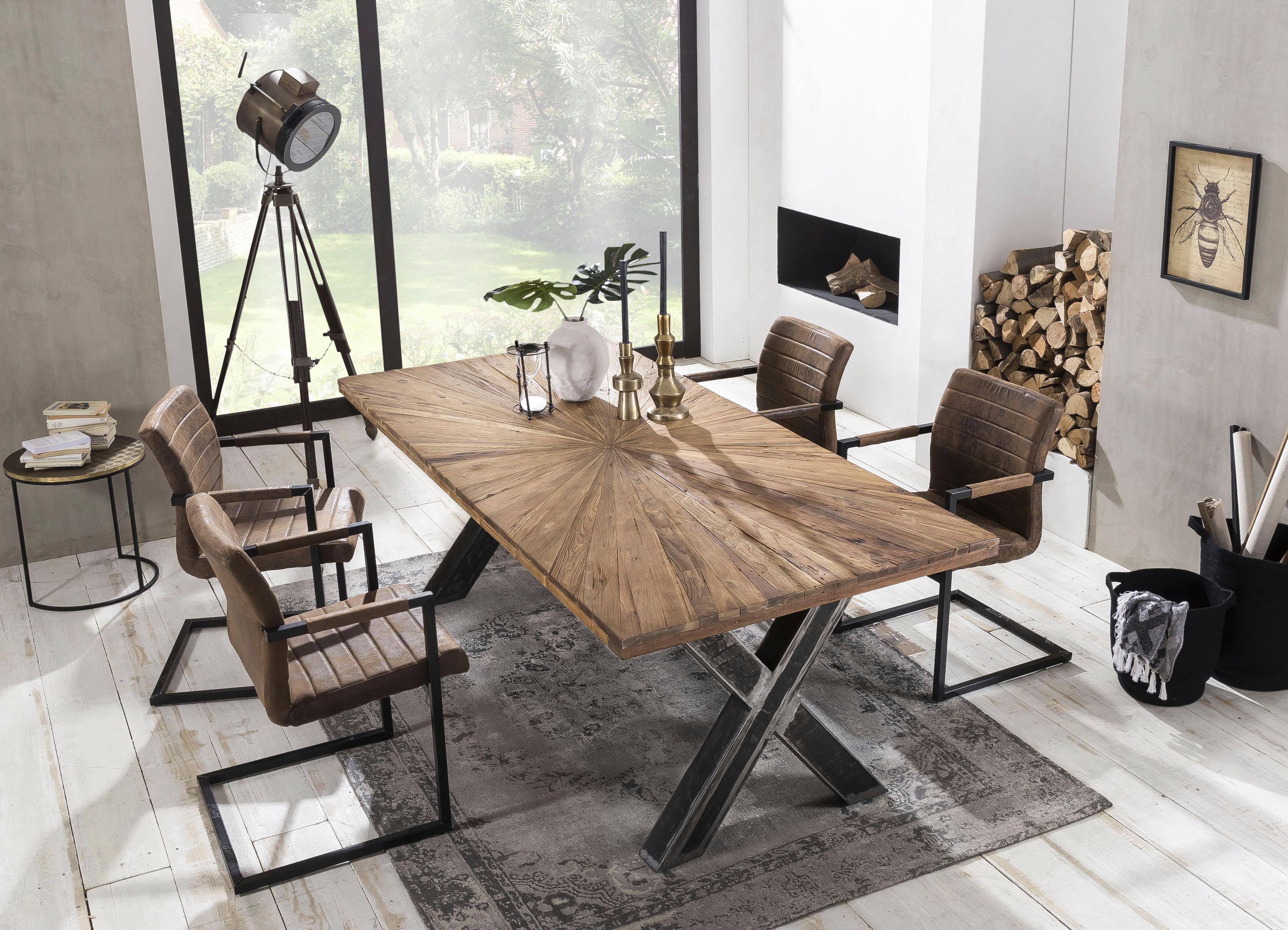SIT Esstisch "Skopje Recyceltes Teakholz mit Sonnen-Design & X-Gestell aus Metall" Massives Teakholz trifft markantes X-Gestell