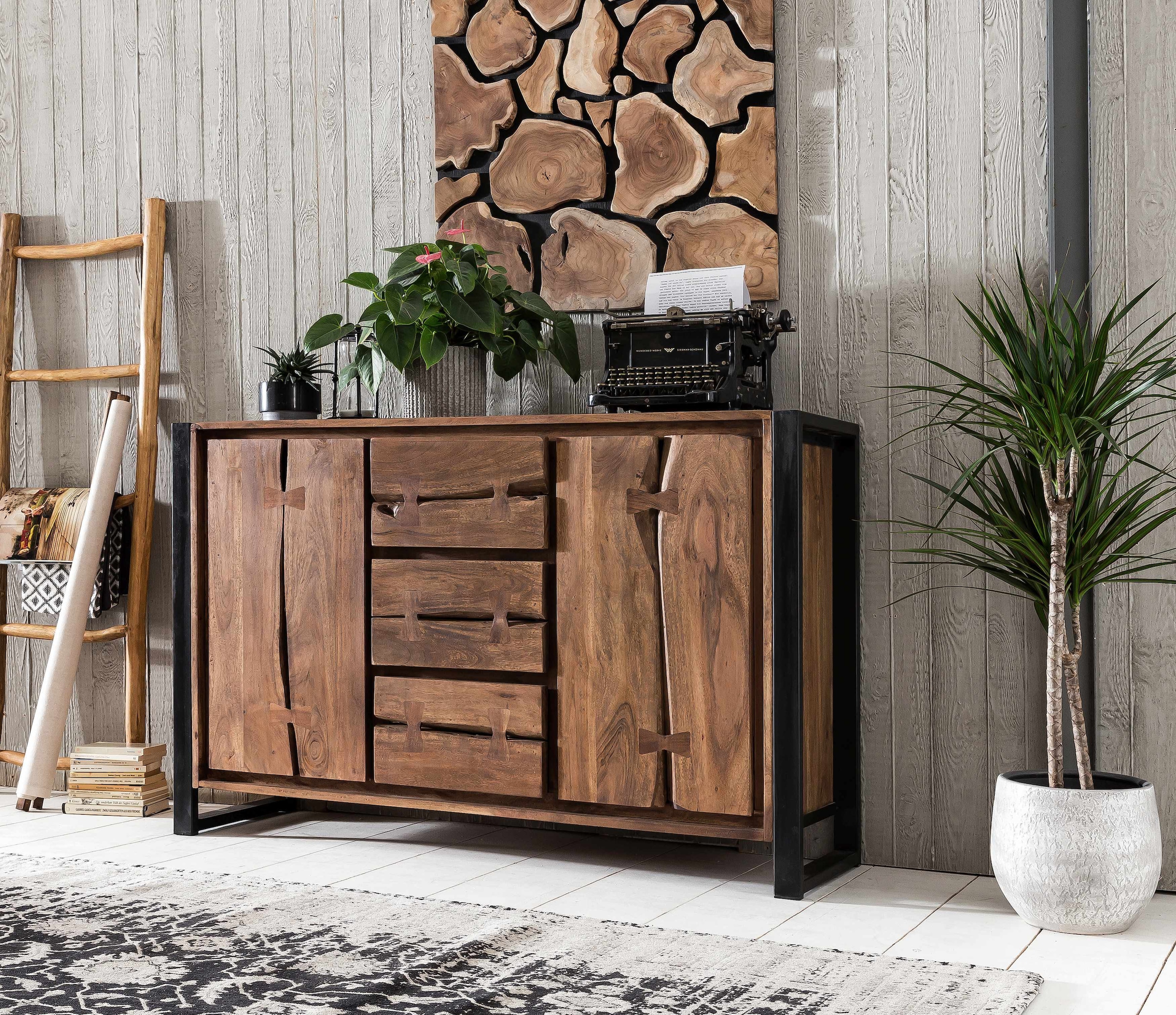 SIT Sideboard "Florenz Akazienholz Kommode mit Baumkante & Metallgestell" Akazienholz mit natürlichen Holzkanten & Metallgestell