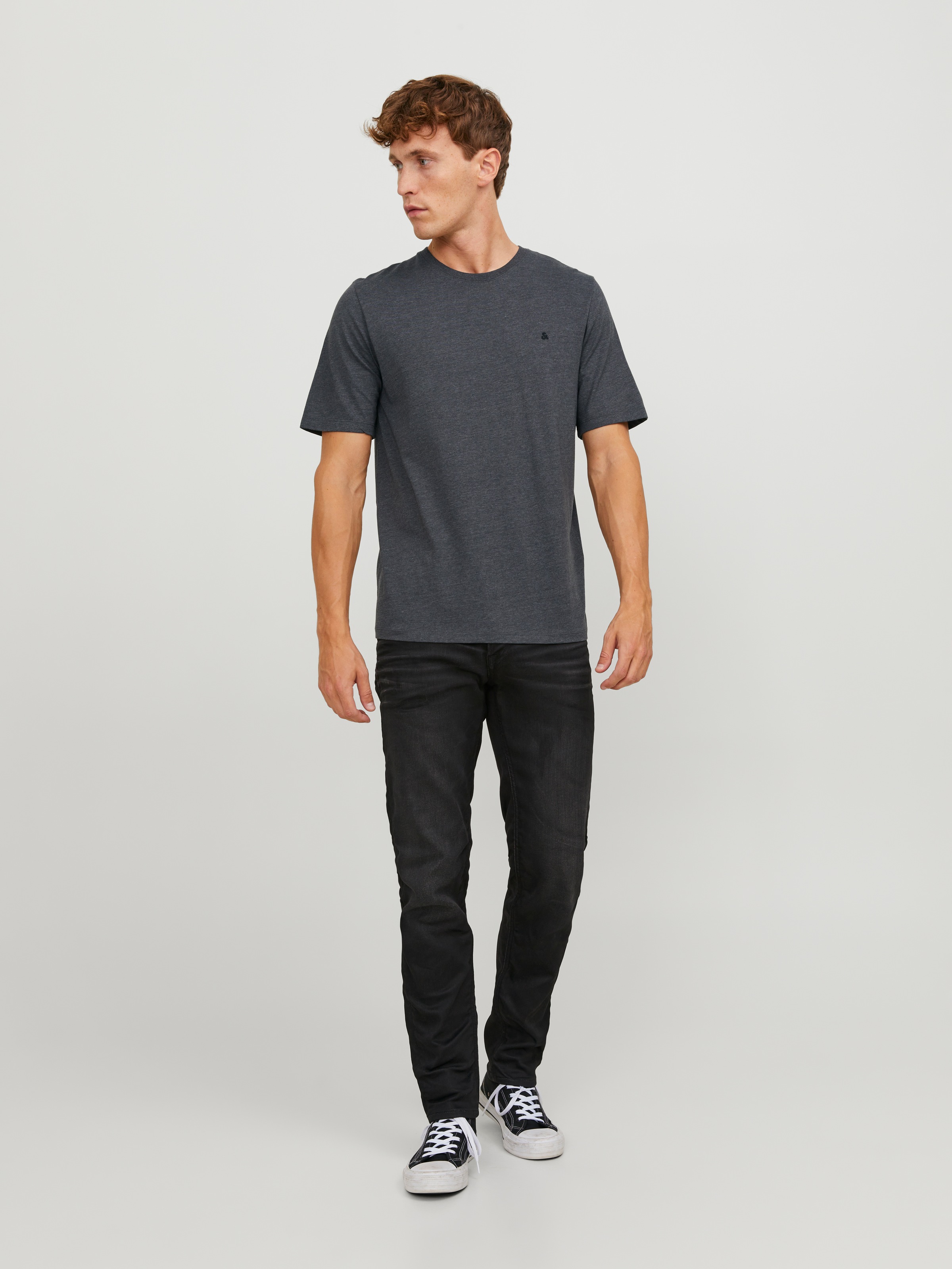 Rundhalsshirt JACK & JONES "JJEPAULOS TEE SS CREW NECK NOOS", Herren, Gr. XL, grau (dunkelgrau melange), Single Jersey, Obermaterial: 100% Baumwolle, meliert, regular fit normal, Rundhals, gerader Abschluss, Shirts Rundhalsshirt, Baumwollmischung, regular 3
