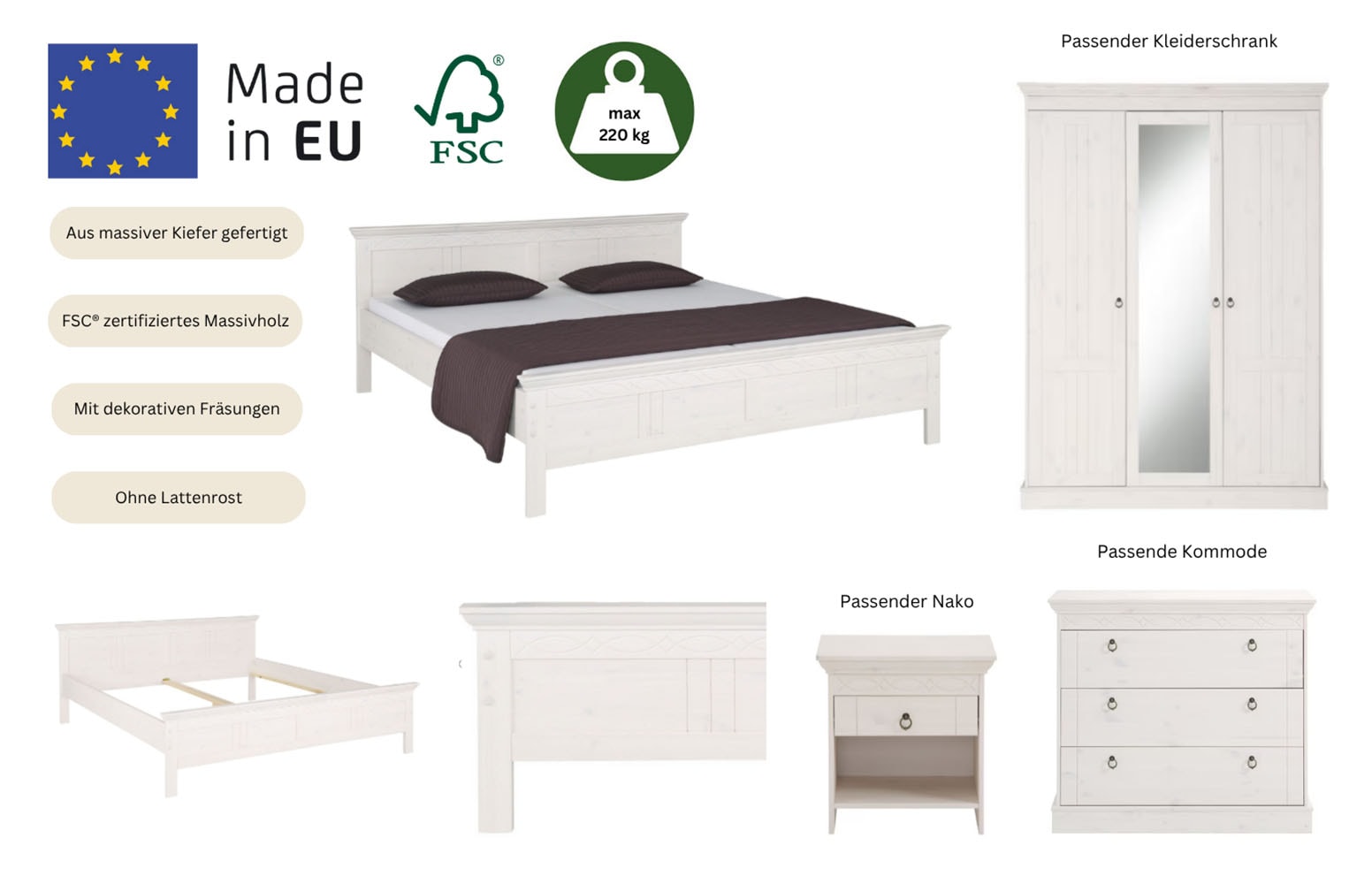 Home affaire Massivholzbett »Indra, TOPSELLER, Landhausstil, edles Design,zertifiziertes Massivholz« mit dekorativen Fräsungen