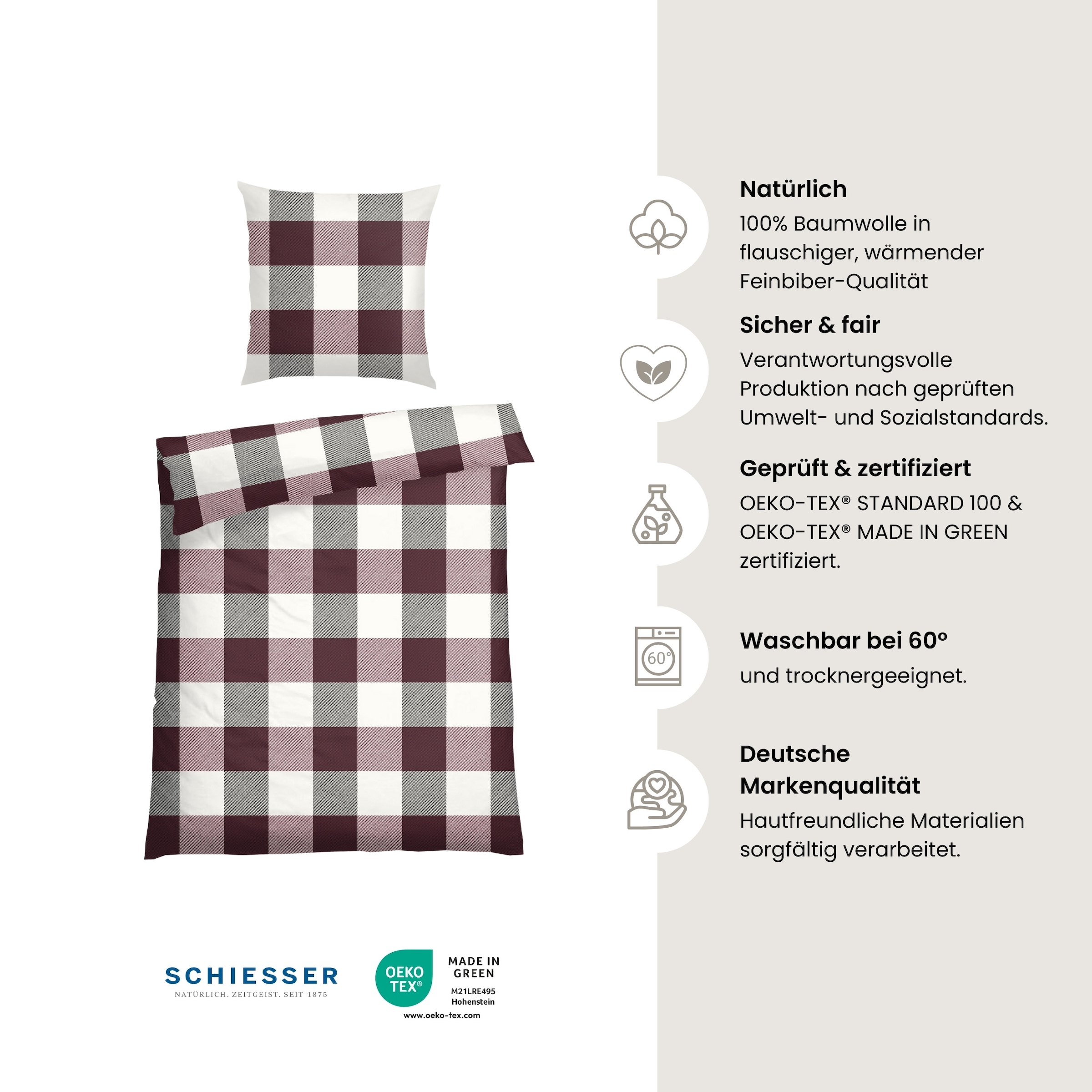Schiesser Bettwäsche »Alice aus weichem Baumwollflanell mit schlichtem Karo«, Made in Green