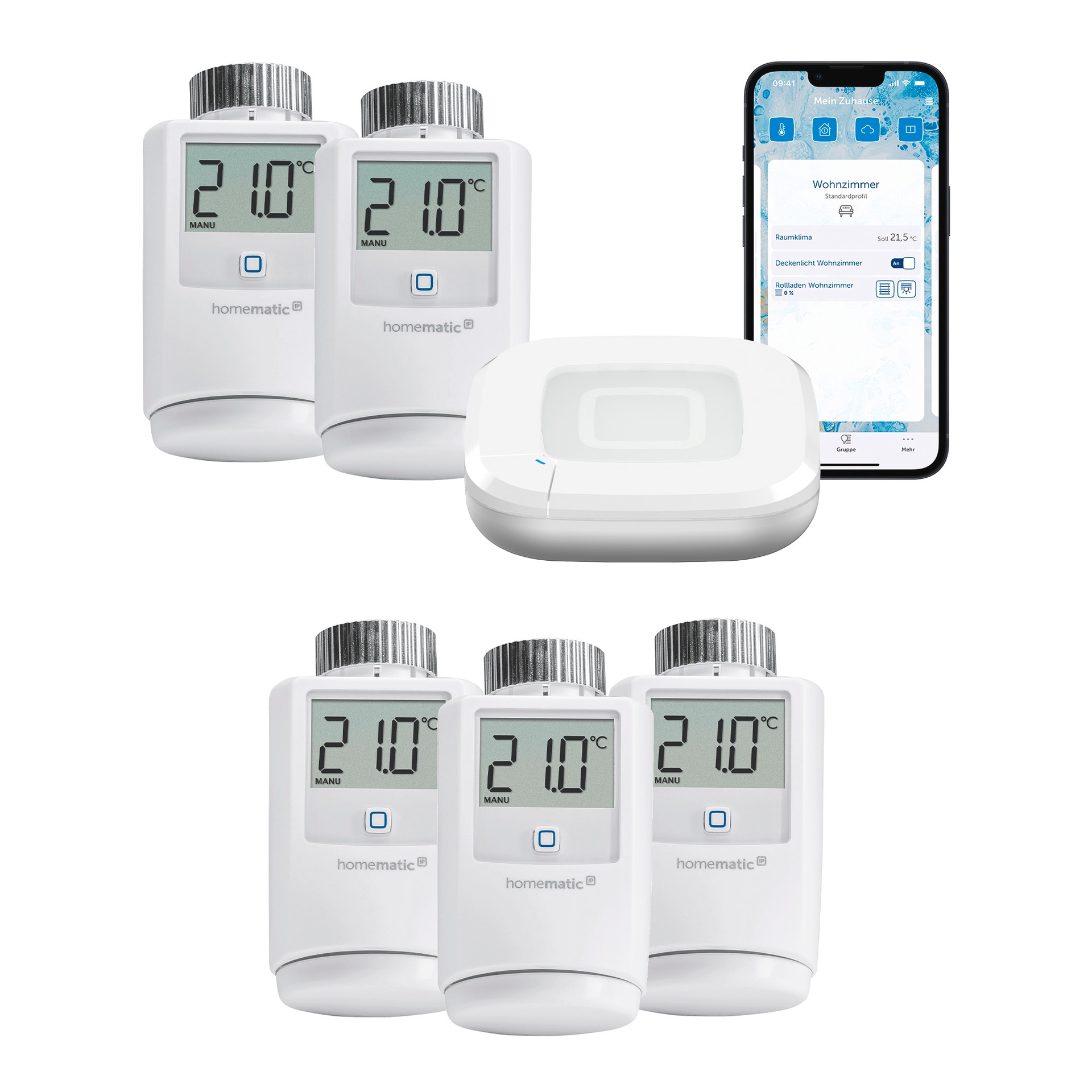 HOMEMATIC IP Heizkörperthermostat "Starter Bundle Heizen für 5 Heizkörper", weiß, B:31cm H:12cm T:37cm, Heizkörperthermostate