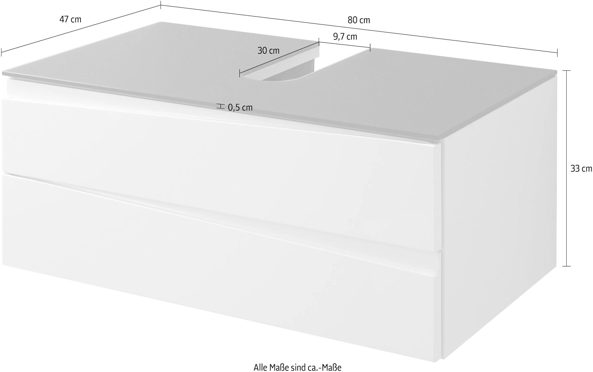 Homexperts Waschbeckenunterschrank »Sharpcut«, in Hochglanz weiß mit Grifffräsung und Glasplatte, B 80, H 33, T 47 cm