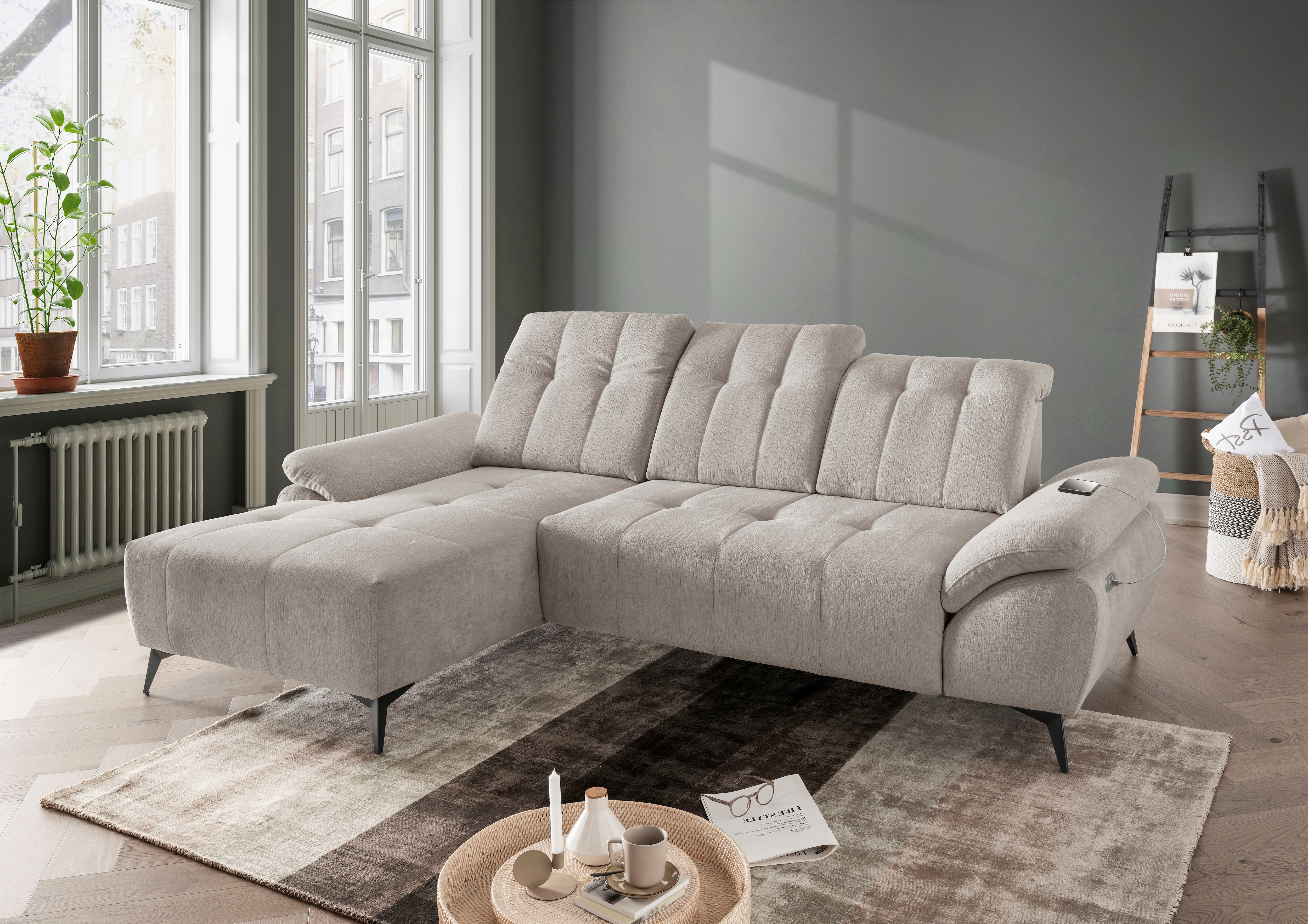 Home affaire "Fiore modern, bequeme Armlehnen, tolle Detailverarbeitung, L-Form" elektrischer Sitzvorschub und Kopfstützen höhenverstellbar