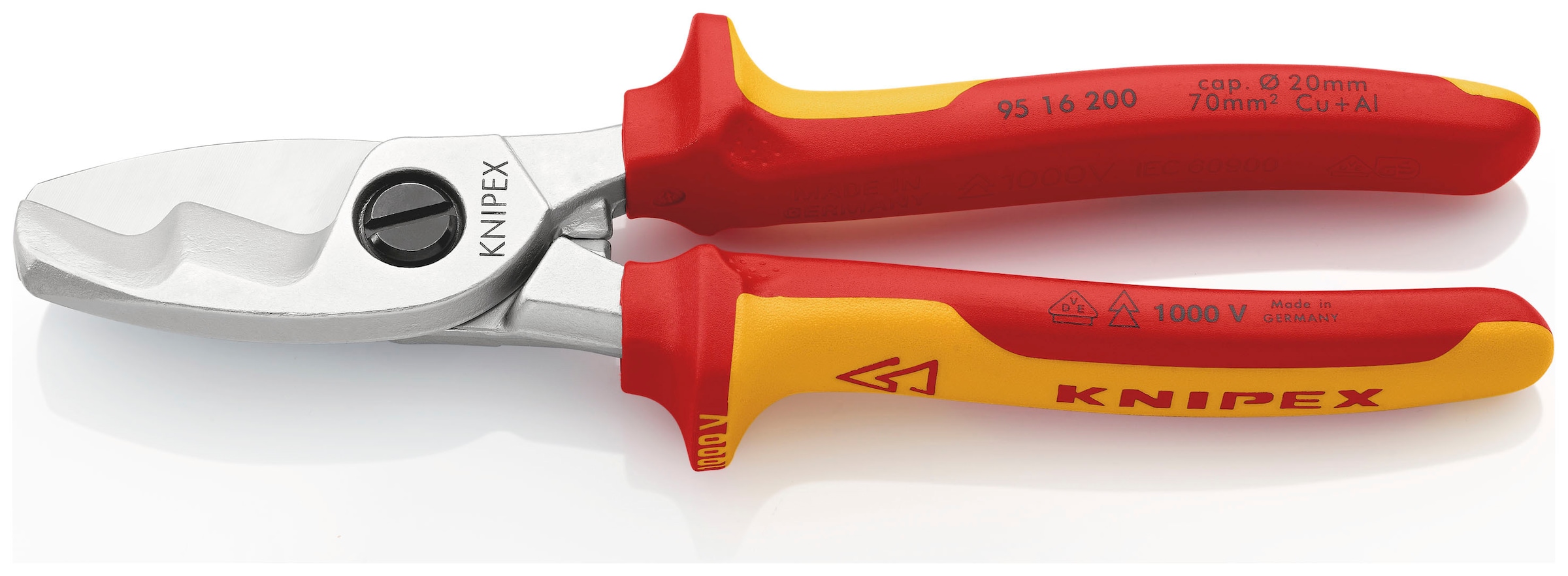 Knipex Kabelschere "95 16 200 mit Doppelschneide", isoliert mit Mehrkomponenten-Hüllen, VDE-geprüft verchromt 200 mm