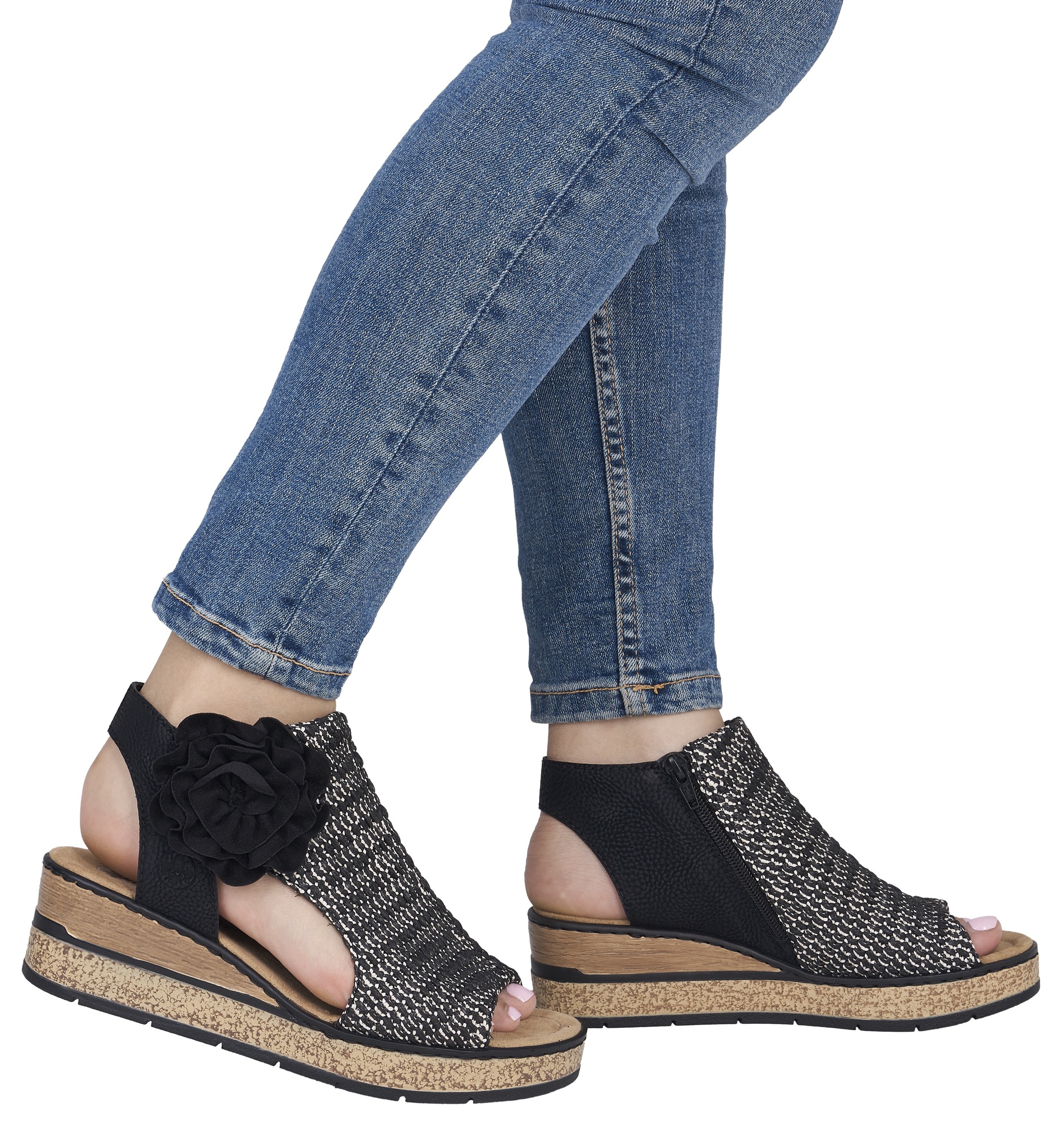 Schaftsandalette RIEKER, Damen, Gr. 39, schwarz, kombiniert, Nubuklederimitat, Textil, Schuhe, Keilsandale, Sommerschuh, Plateausandalette mit Blüte 3