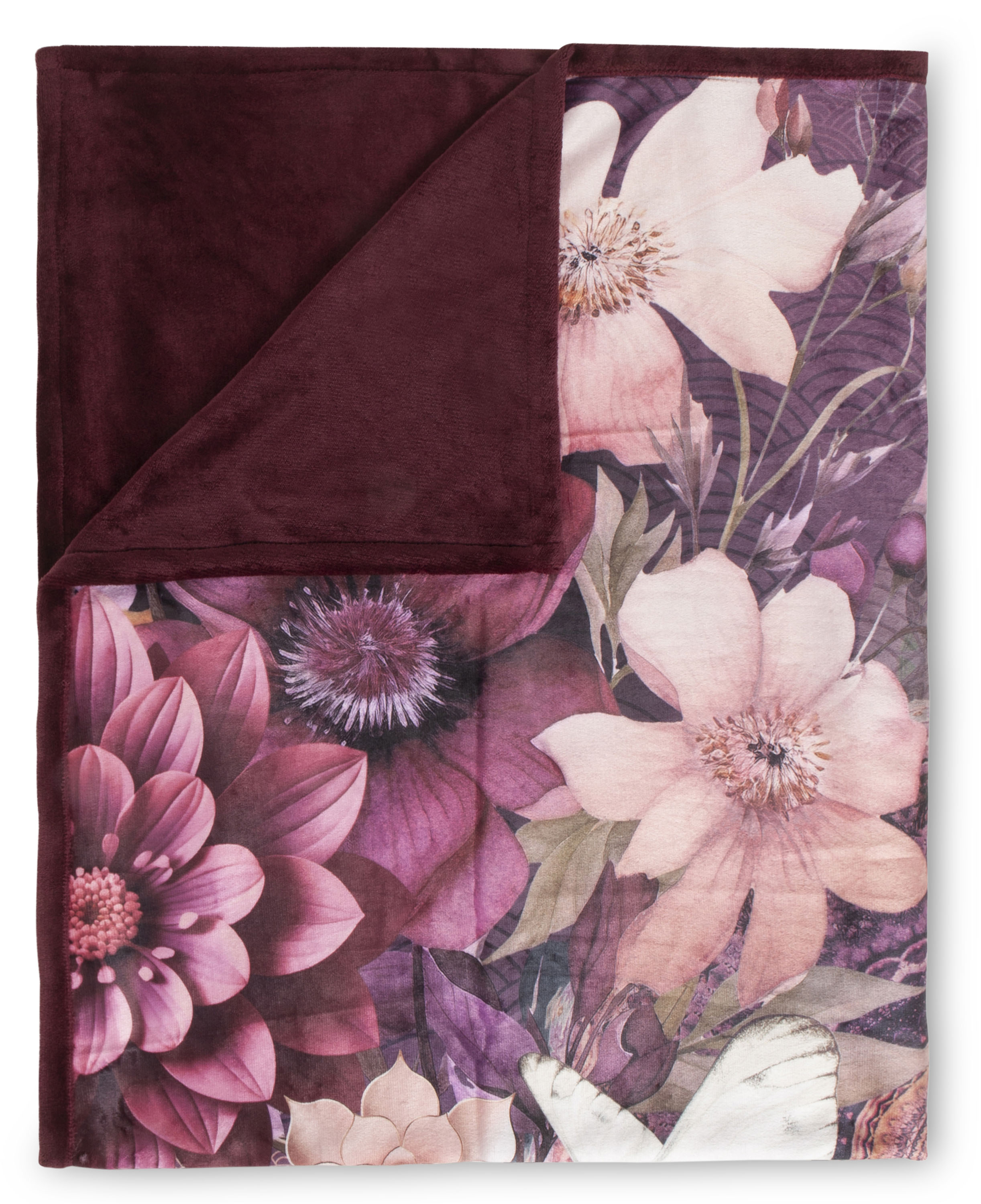 Thumbnail - hip Plaid "Asher" Weich, Kuscheldecke, 130x160 cm, Wendeoptik, Mandala, Blumen, Bordeaux