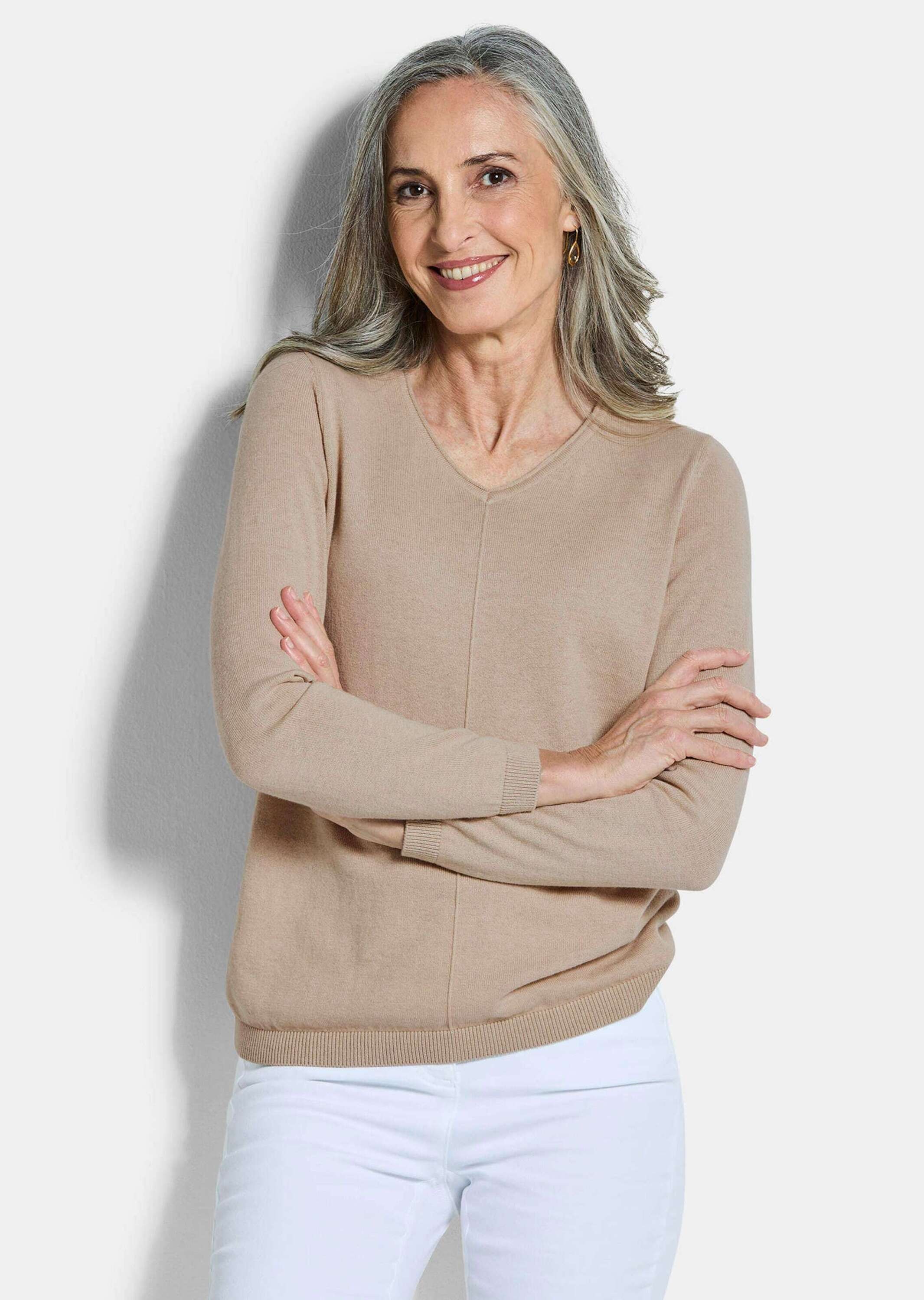 GOLDNER Rundhalspullover »Baumwollpullover mit V-Ausschnitt« mit Kaschmieranteil