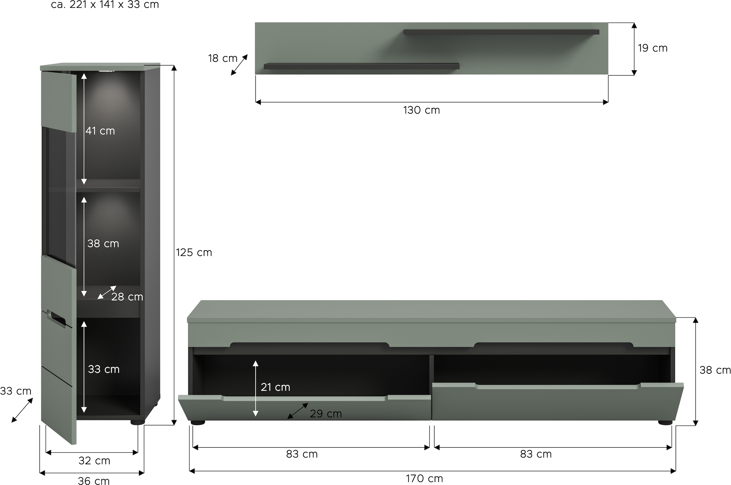 INOSIGN Wohnwand »REHAT, TOPSELLER!, 3-teilig, inkl. Beleuchtung, stehend oder hängend«, (3 St., Set bestehend aus: Vitrine inkl. Beleuchtung, Lowboard und Wandboard), Kombination, Anbauwand, Set, Wohn-Set, Wohnzimmer-Set, Schrankwand