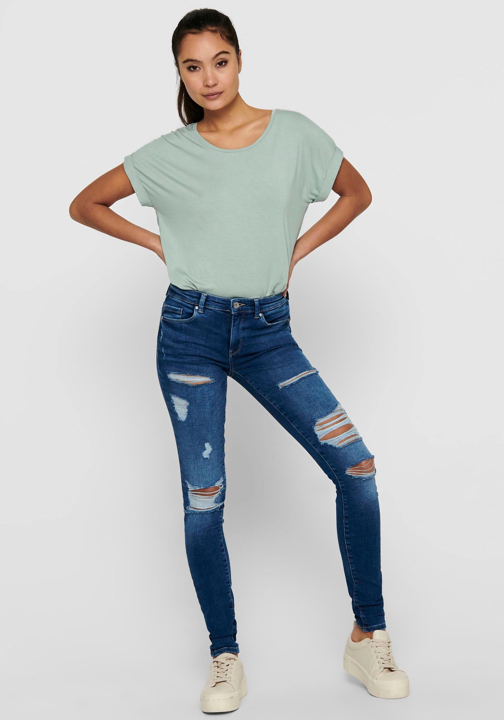 T-Shirt ONLY "ONLMOSTER – Kurzarmshirt mit Aufschlag und klassischem Look", Damen, Gr. L, grün (jadeite), Jersey, Obermaterial: 75% Viskose, 20% Polyester, 5% Elasthan, unifarben, regular fit normal, Rundhals, mit Aufschlag, Shirts T-Shirt, Viskosemischun 3