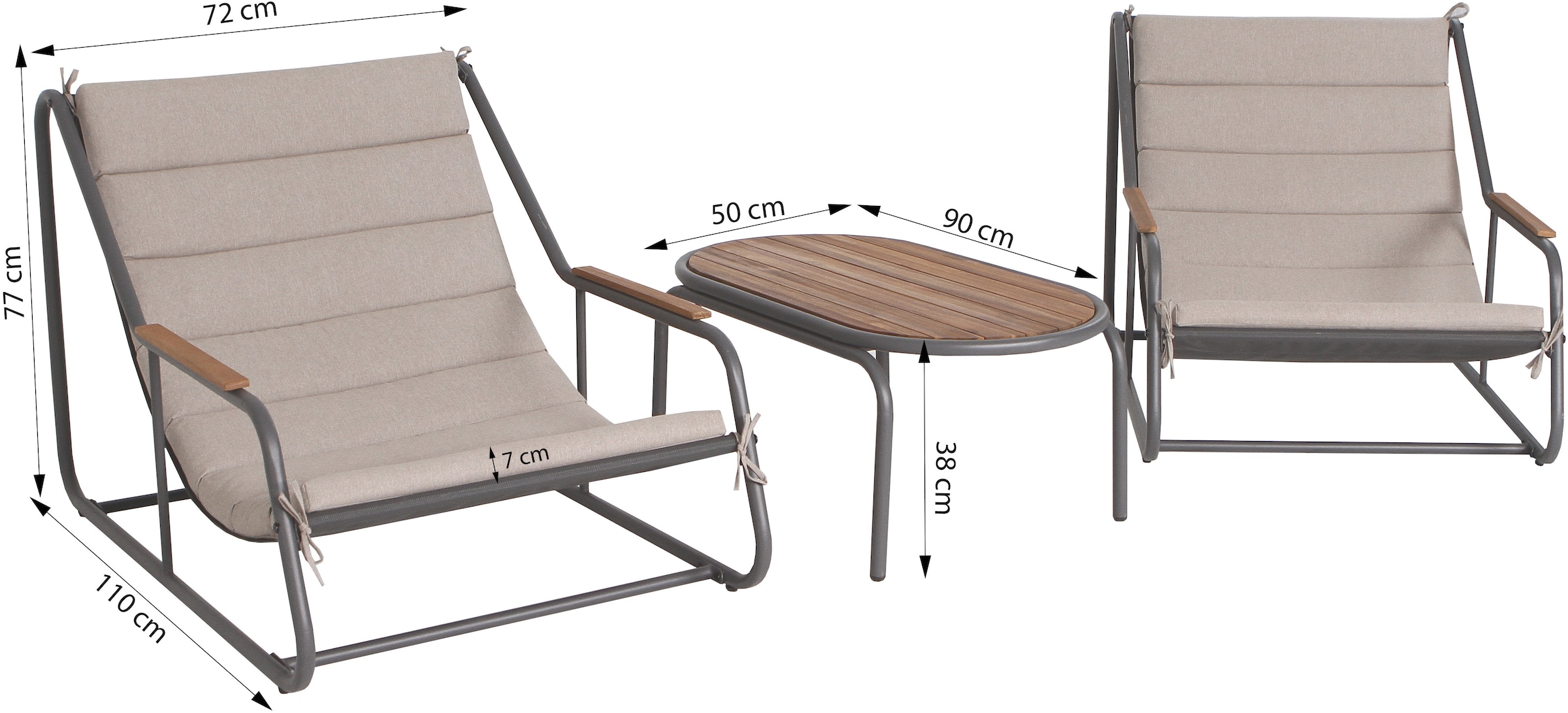 KONIFERA Balkonset »Tarassa« Set, 2x Sessel, 2x Auflage, 1x Tisch, 5 tlg. tlg. bestehend aus 1 Tisch, 2 Stühlen und 2 Sitzkissen