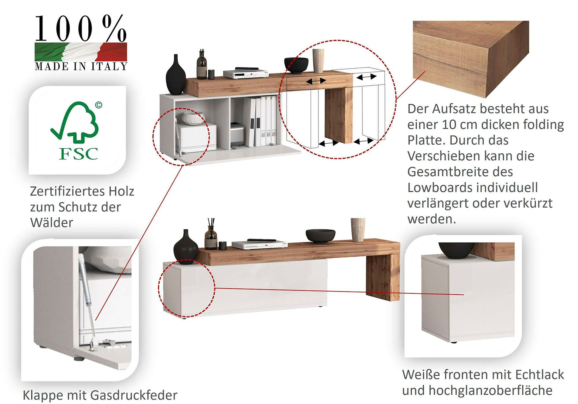 OTTO home Lowboard »Chronos TV-Board, TV-Schrank« Breite verstellbar von 180 bis 260 cm, 1 Stk. tlg. Breite 220 cm TV-Board,Lowboard,1 Klappe und ein L-Förmiger Aufsatz