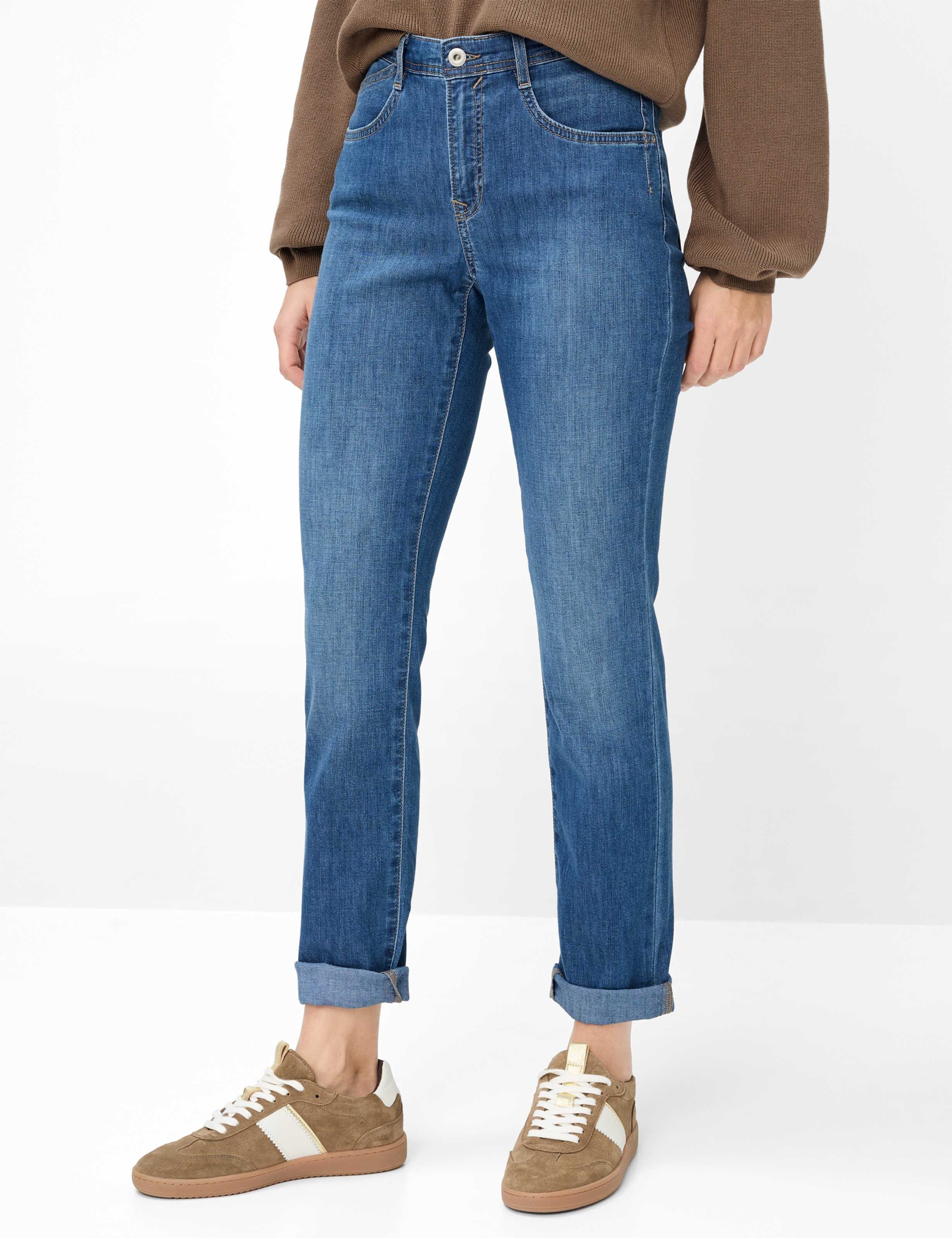 5-Pocket-Jeans BRAX "Style MARY", Damen, Gr. 44K (22), Kurzgrößen, blau, Denim/Jeans, 75% Baumwolle, 17% Polyester, 5% Elastomultiester, 3% Elasthan, Jeans 5-Pocket-Jeans