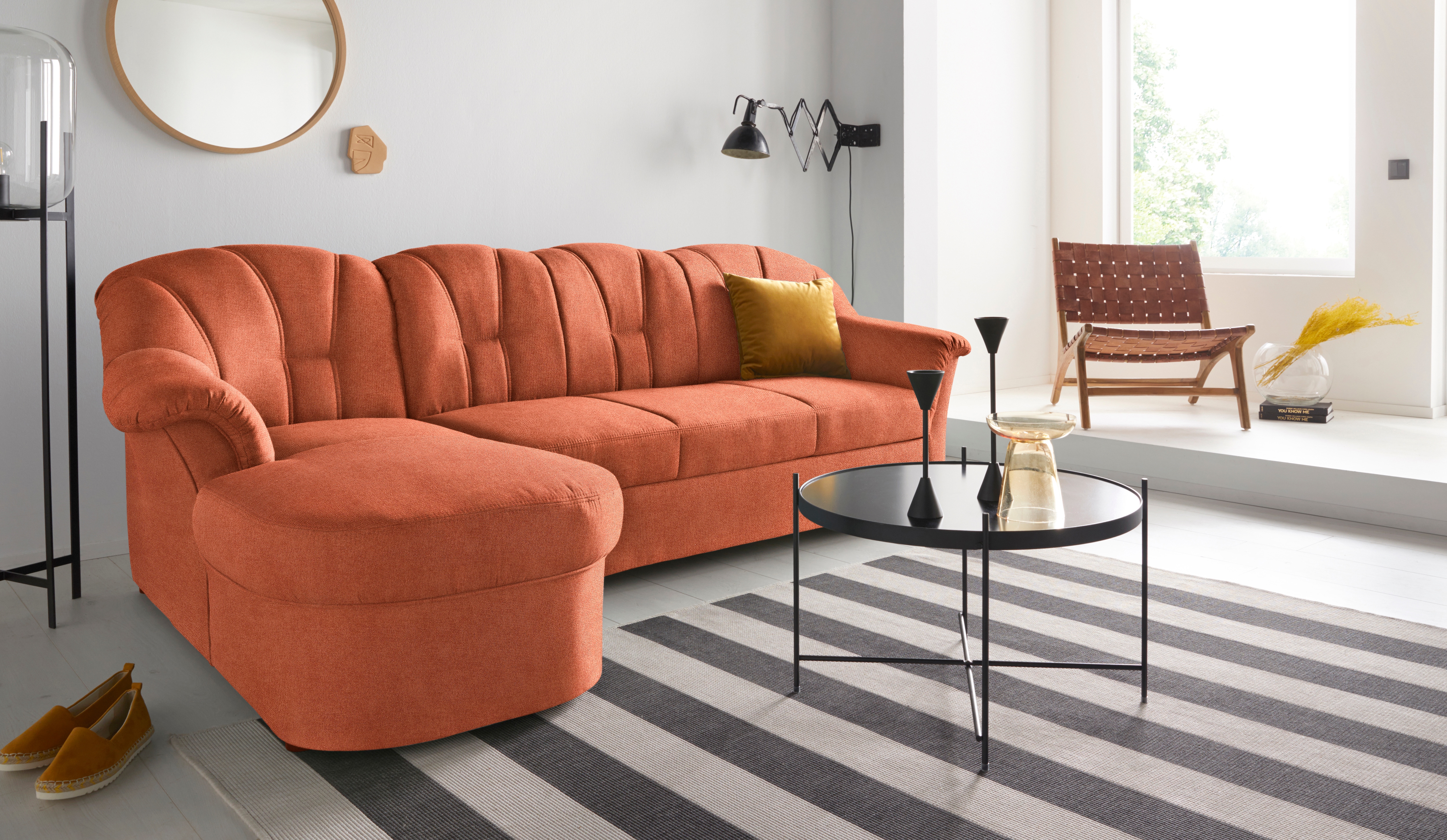 DOMO collection Ecksofa "Papenburg, zeitlose Rückensteppung, elegante Formensprache, L-Form" in großer Farbvielfalt, wahlweise mit Bettfunktion