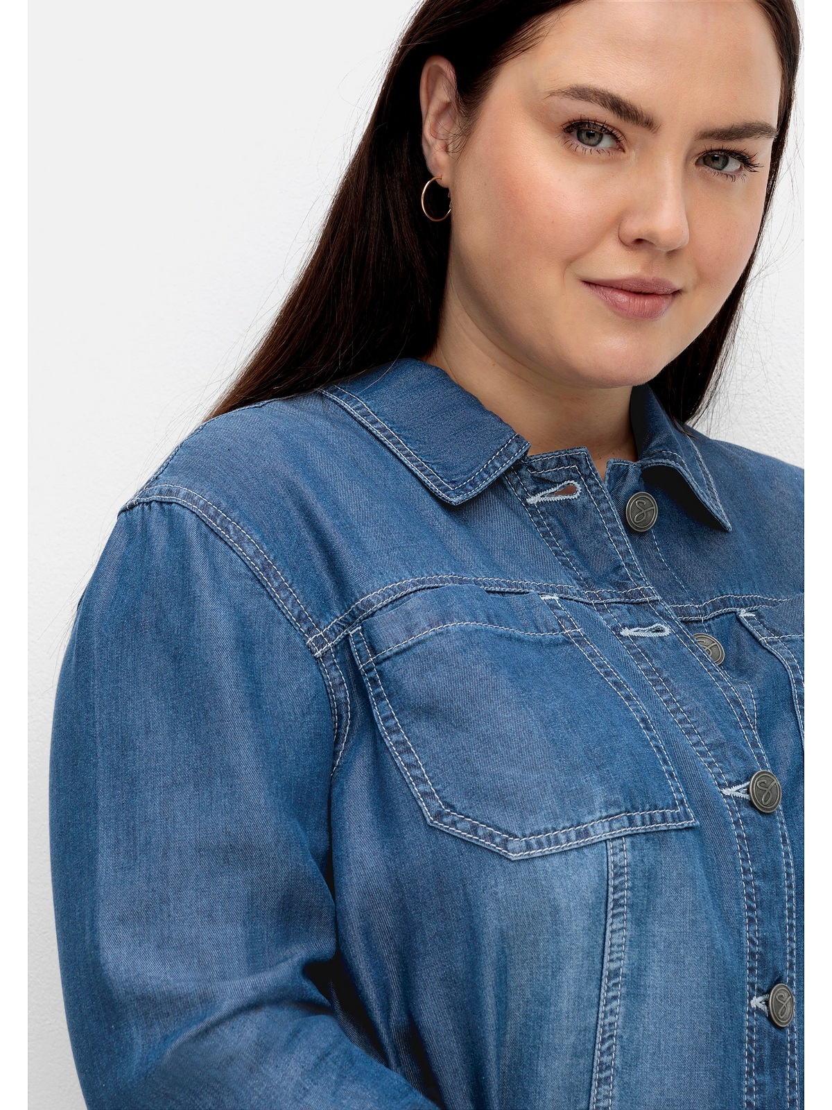 Größen«, TENCEL™ Hemdjacke »Große in Sheego Lyocell Kapuze, Jeans-Optik, kaufen für BAUR ohne | aus