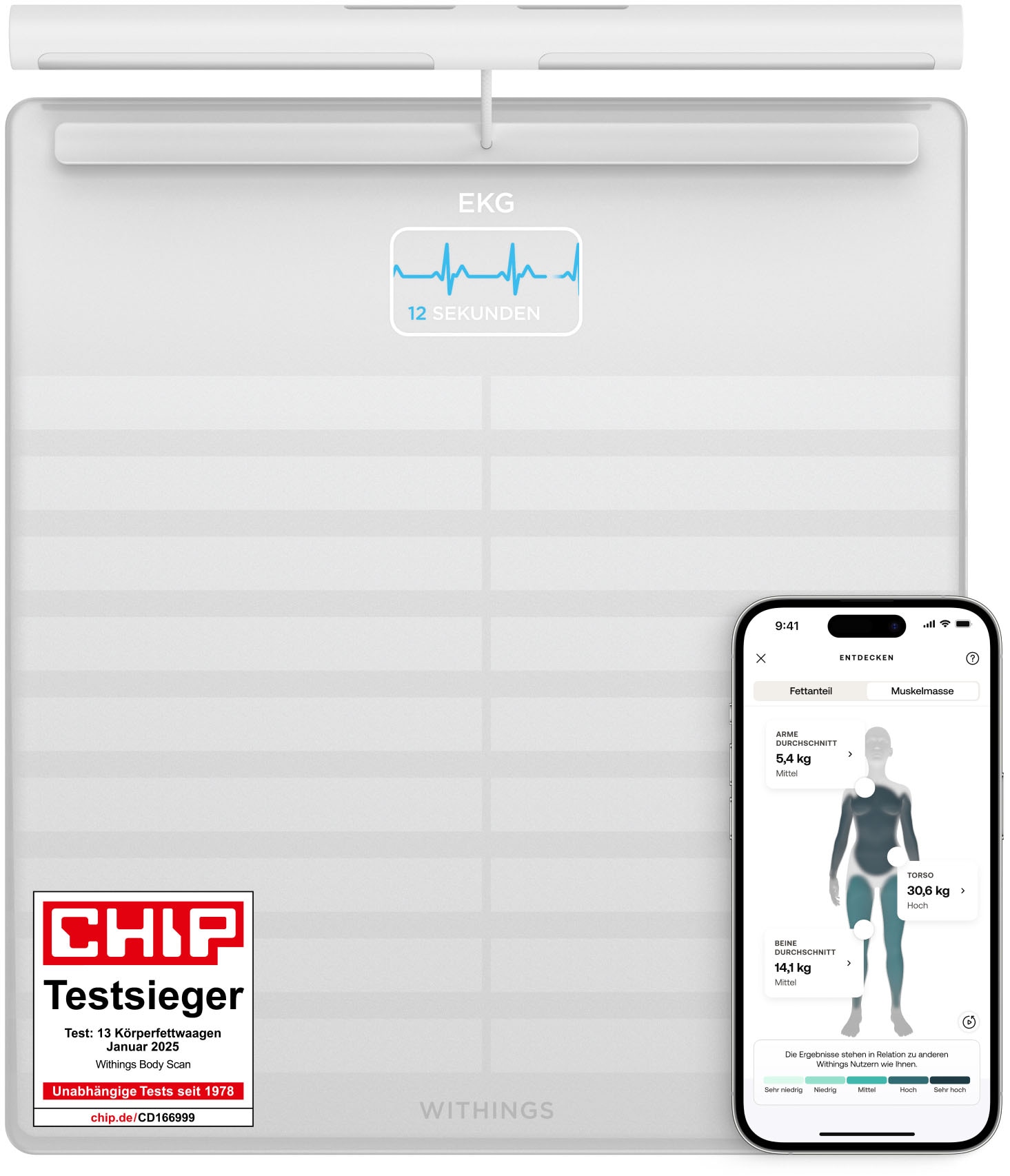 Withings Personenwaage »Body Scan«, mit integriertem 6-Kanal-Elektrokardiogramm (EKG)