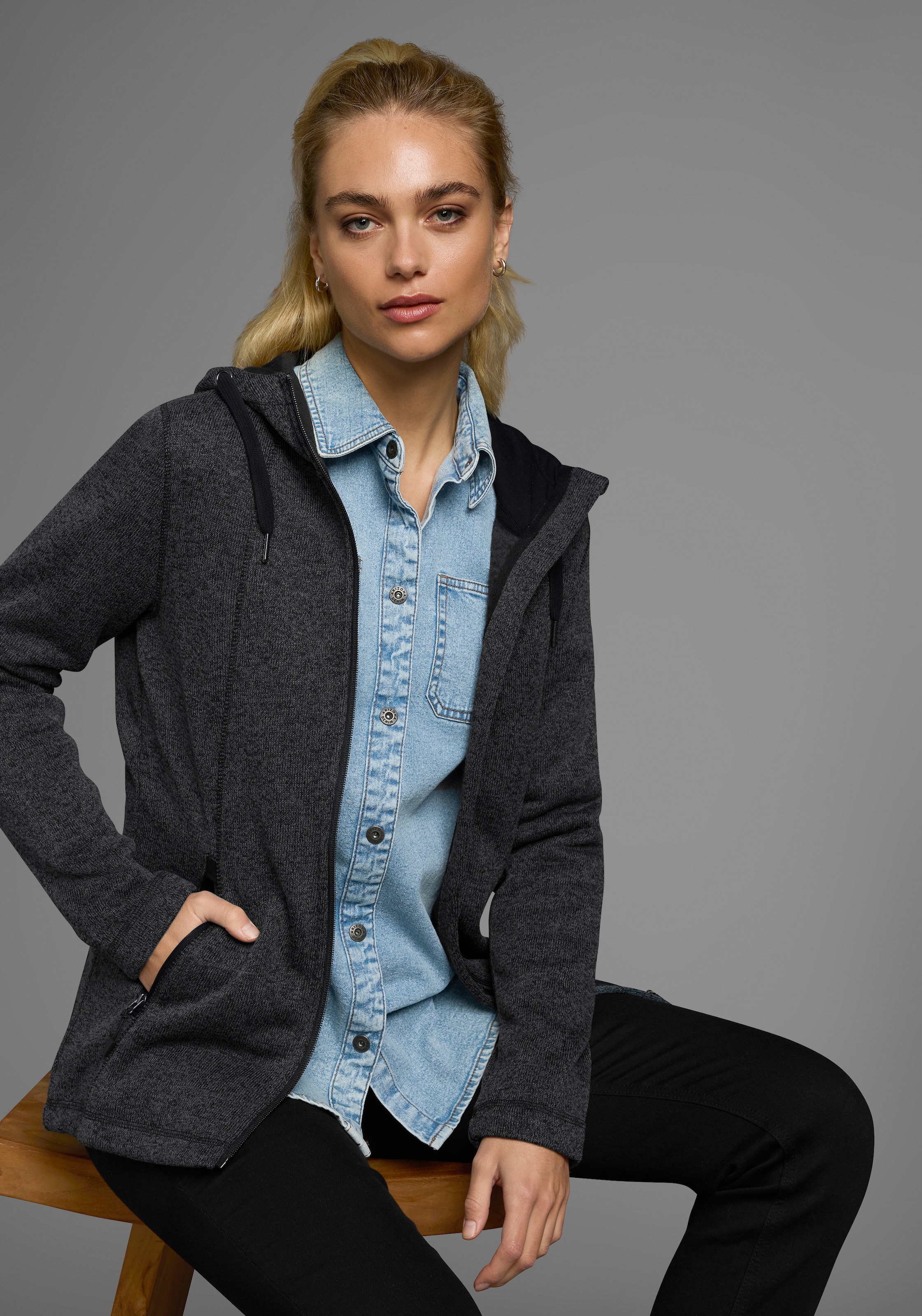 Polarino Strickfleecejacke, mit Kapuze, für kalte Tage, aus Strickfleece, sportlicher Stil