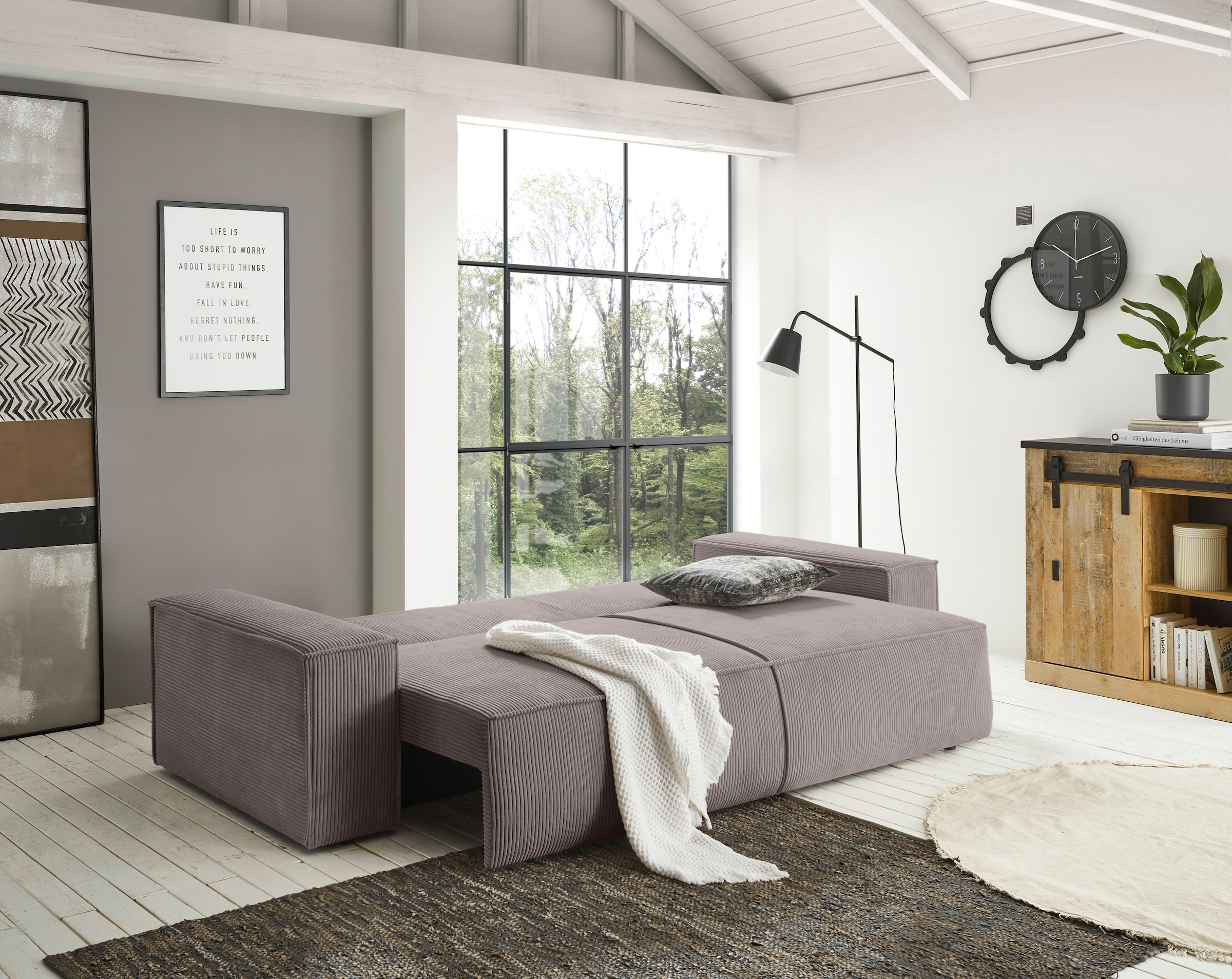Home affaire 3-Sitzer »SHERWOOD Schlafsofa (257cm) Cord, Samtvelours, Vintage-Lederoptik«, Schlaffunktion mit Bettkasten (ca. 136/200cm)