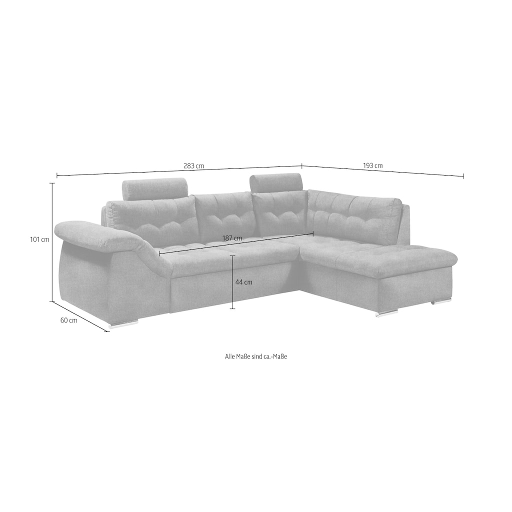 ED EXCITING DESIGN Ecksofa Oman, mit Bettfunktion, Bettkasten, Armteilverstellung und  Kopfstützen