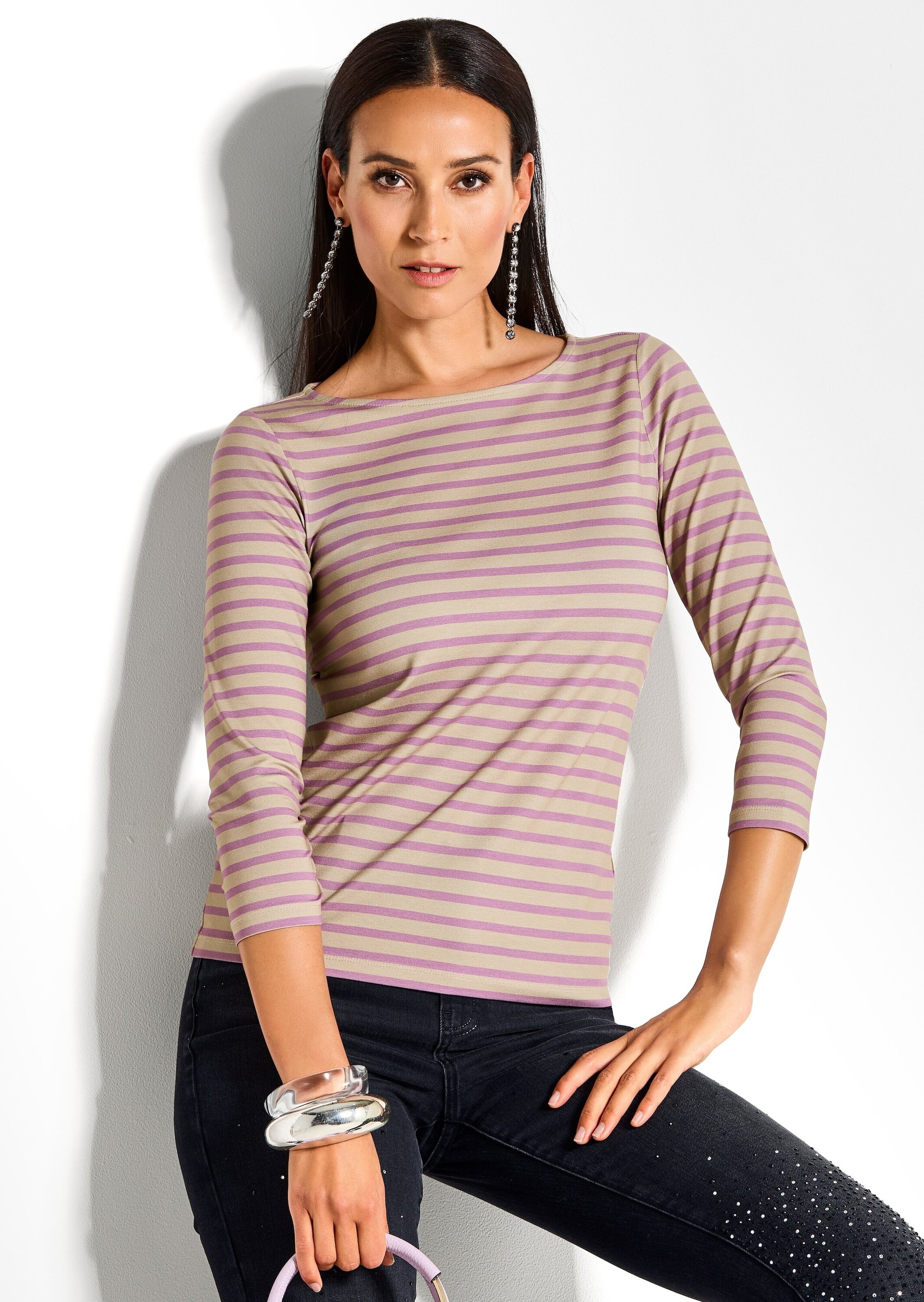 Madeleine 3/4 Sleeve Striped Shirt Beige Size 36 3