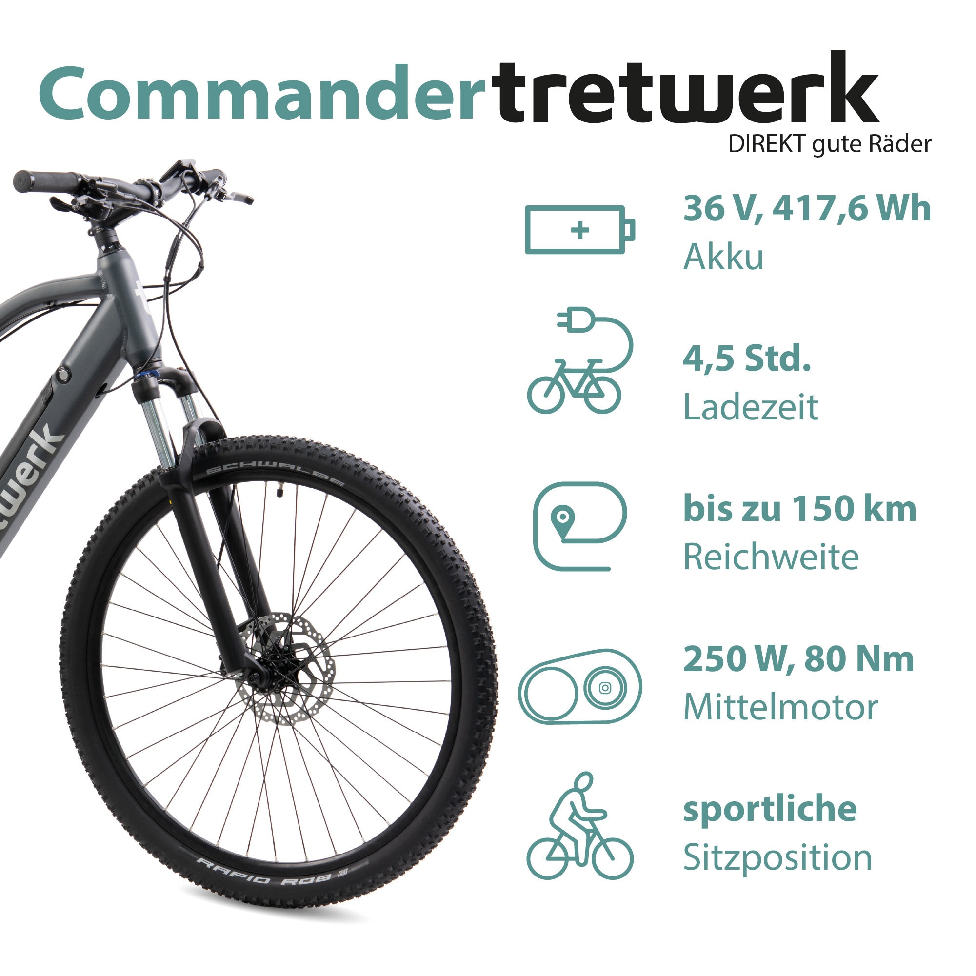 Tretwerk E-Bike »Commander«, 9 Gang, Shimano, Altus SGS, Mittelmotor 250 W, Pedelec, Elektrofahrrad für Damen u. Herren, MTB