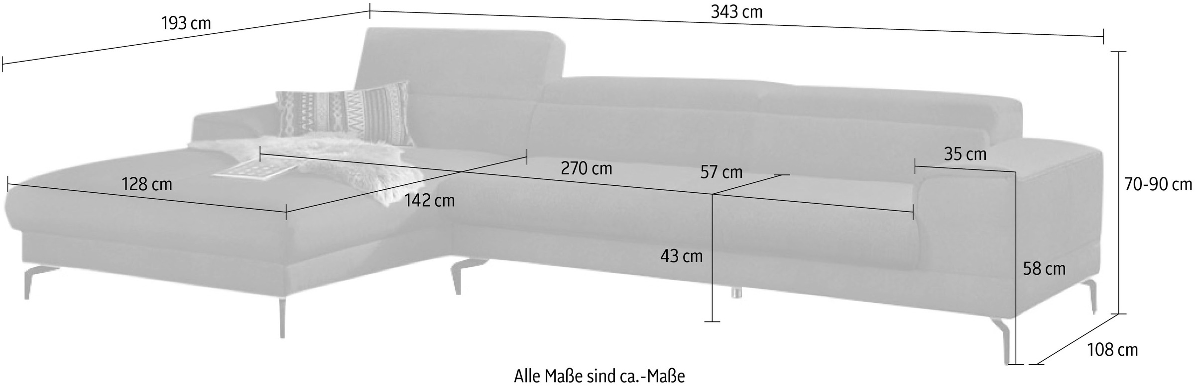 W.SCHILLIG Ecksofa »piedroo, Designsofa mit tollem Sitzkomfort, bequem, L-Form«, Kopfteilverstellung, wahlweise mit Sitztiefenverstellung, Breite 343cm