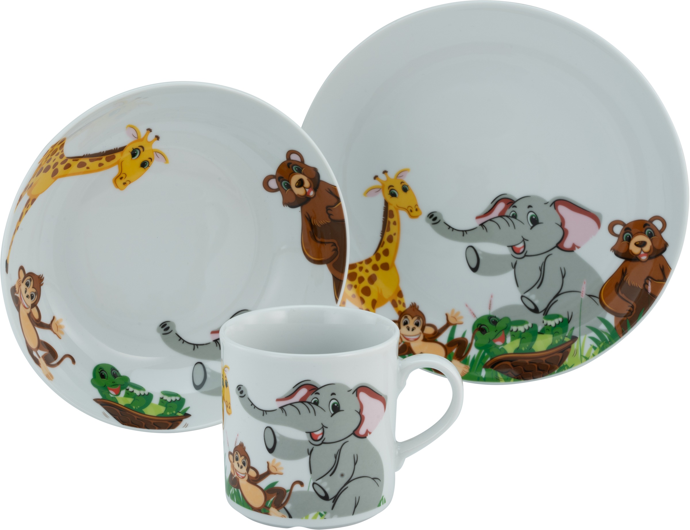 CreaTable Kindergeschirr-Set "Zoo", (Set, 3 tlg., 1 Kinderteller, 1 Kinderbecher, 1 Kinderschale im Set), Dekor mit lust