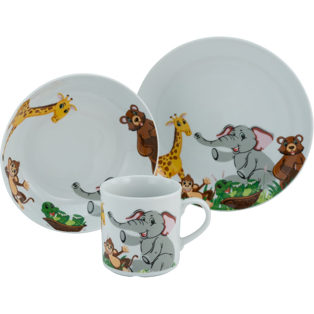 CreaTable Kindergeschirr-Set »Zoo«, (Set, 3 tlg., 1 Kinderteller, 1 Kinderbecher, 1 Kinderschale im Set), Dekor mit lustigen Zoobewohnern, Made in Europe, 3 Teile, für 1 Person