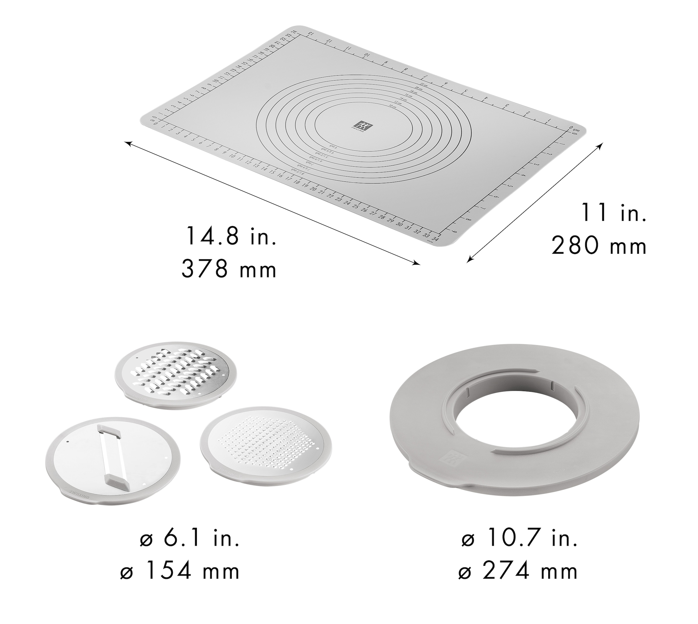 Zwilling Schüssel »Fresh & Save BOWLS - Zubehör-Set, Accessoire-Set, 5-teilig«, 5 tlg., aus Kunststoff, Spritzschutz, 3 Reibeaufsätze, backofenfeste Anti-Rutsch-Silikonmatte
