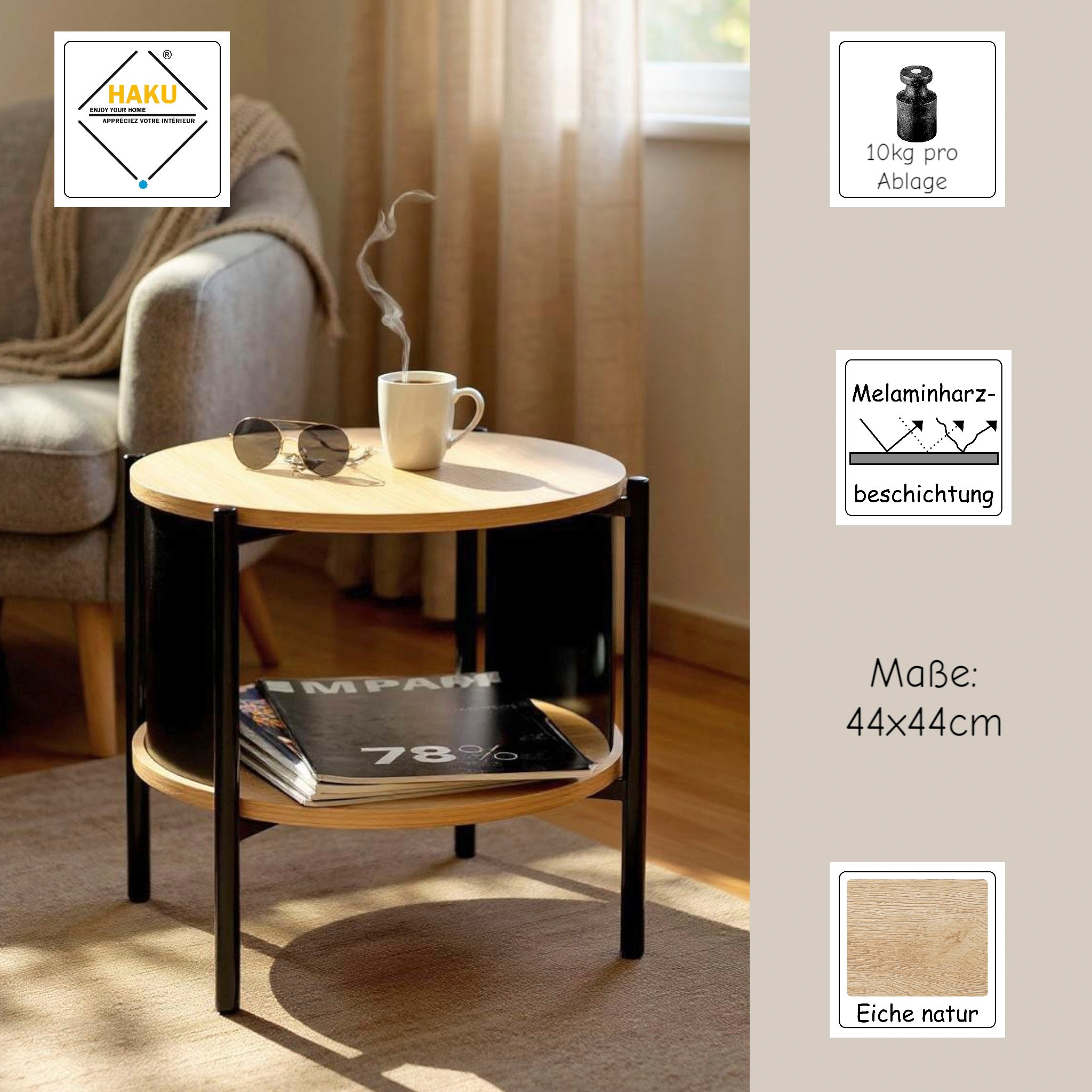 HAKU Beistelltisch »Nachtkonsole, Sofatisch, Wohnzimmertisch« 1 Stk. tlg. rund - aus MDF Braun - Ø/H 44/44 cm