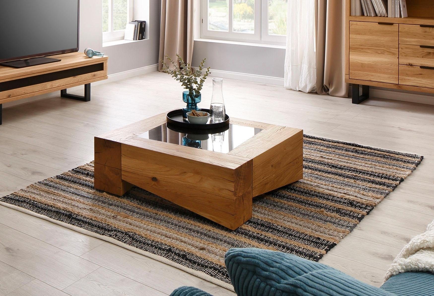 WHITEOAK GROUP Couchtisch Thilo, in Balkenoptik mit Glasplatte