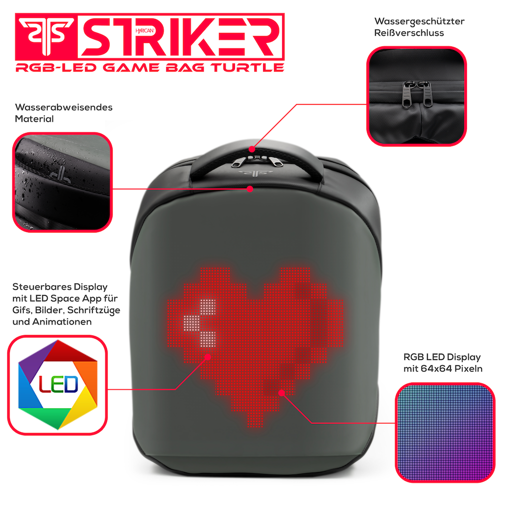 Hyrican Gaming-Laptoprucksack »Striker Game Bag TURTLE NOZ01495« mit App gesteuerte RBG-LED Display, wasserabweisend, gepolstert, für Notebooks bis 15,6 Zoll und Tablets bis 12 Zoll, Geheimfach