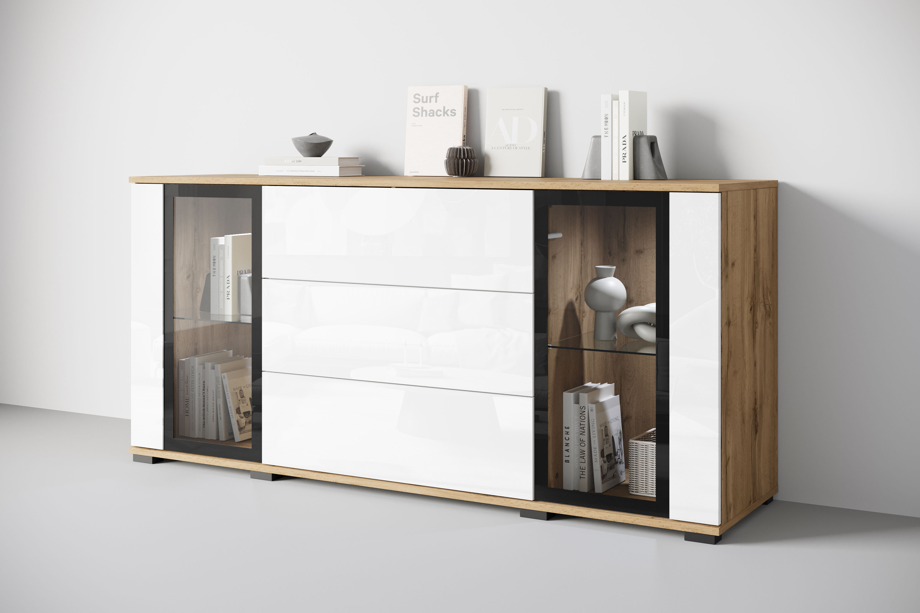 Home affaire "modernes Design mit Glaseinsätzen und 3 Schubladen, Breite 150 cm" 1 Stk. tlg. Grifflose Fronten mit Push-to-Open, höhenverstellbare Einlegeböden
