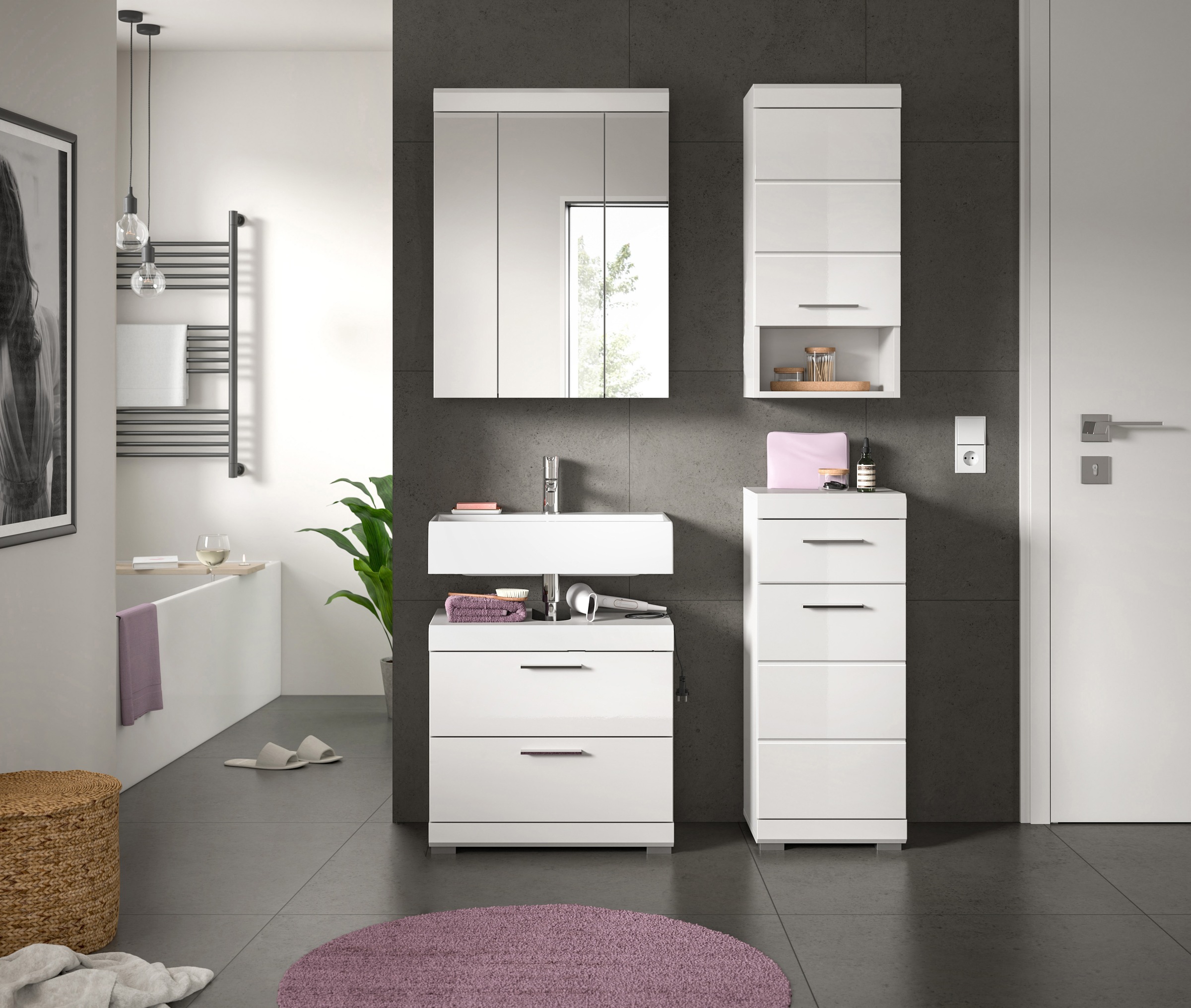 INOSIGN Badmöbel-Set »Siena, 4 teilig, bestehend aus:«, (Set), Waschbeckenunterschrank, Spiegelschrank, Unterschrank, Hängeschrank