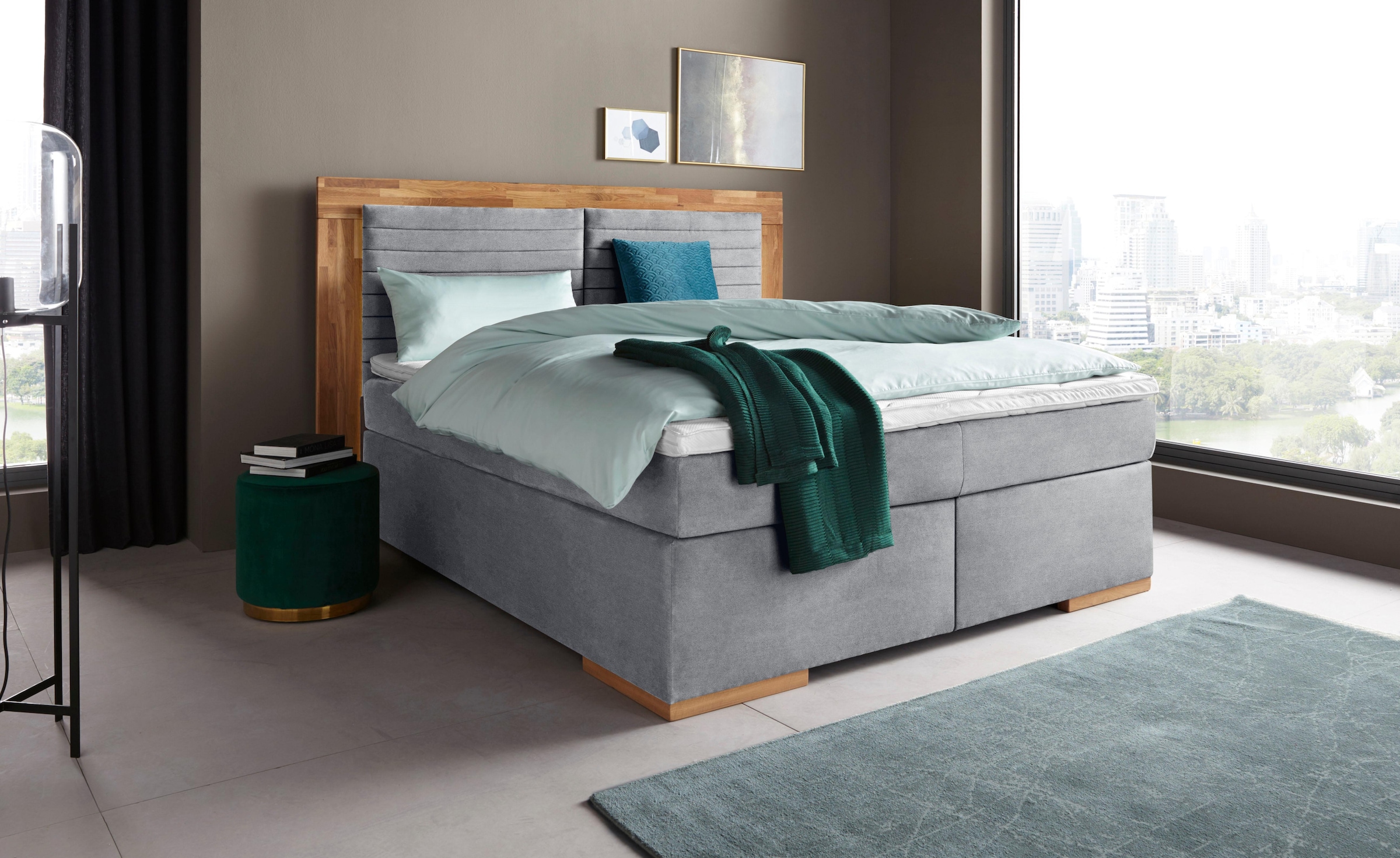 Boxspringbett HOME AFFAIRE "Cup", grau (light grau), B:210cm L:206cm, Bezug: Luxus-Microfaser (100% Polyester);Bezug: Microfaser (100% Polyester), Komplettbetten, Boxspringbett, mit LED-Beleuchtung, Massivholzrahmen und Topper, in 2 Härtegraden 10