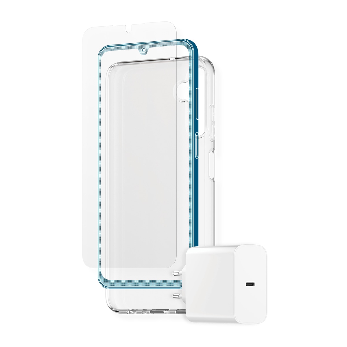 CARE by PanzerGlass USB-Ladegerät »StartKit - alles drin - Screen Protector, Case & Charger« Set, 20W Ladegerät, Displayschutzglas, TPU-Schutzhülle, 3 Stk. tlg. 3-in-1 Bundle für Samsung Galaxy A05s