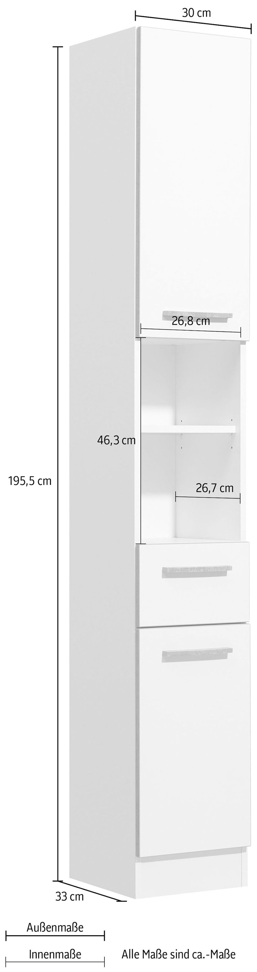 Saphir Hochschrank »Quickset 953 Badschrank 30 cm breit, 2 Türen, Nische, 1 Schublade«, Badezimmer-Hochschrank, Weiß Glanz, Griffe in Betonoptik