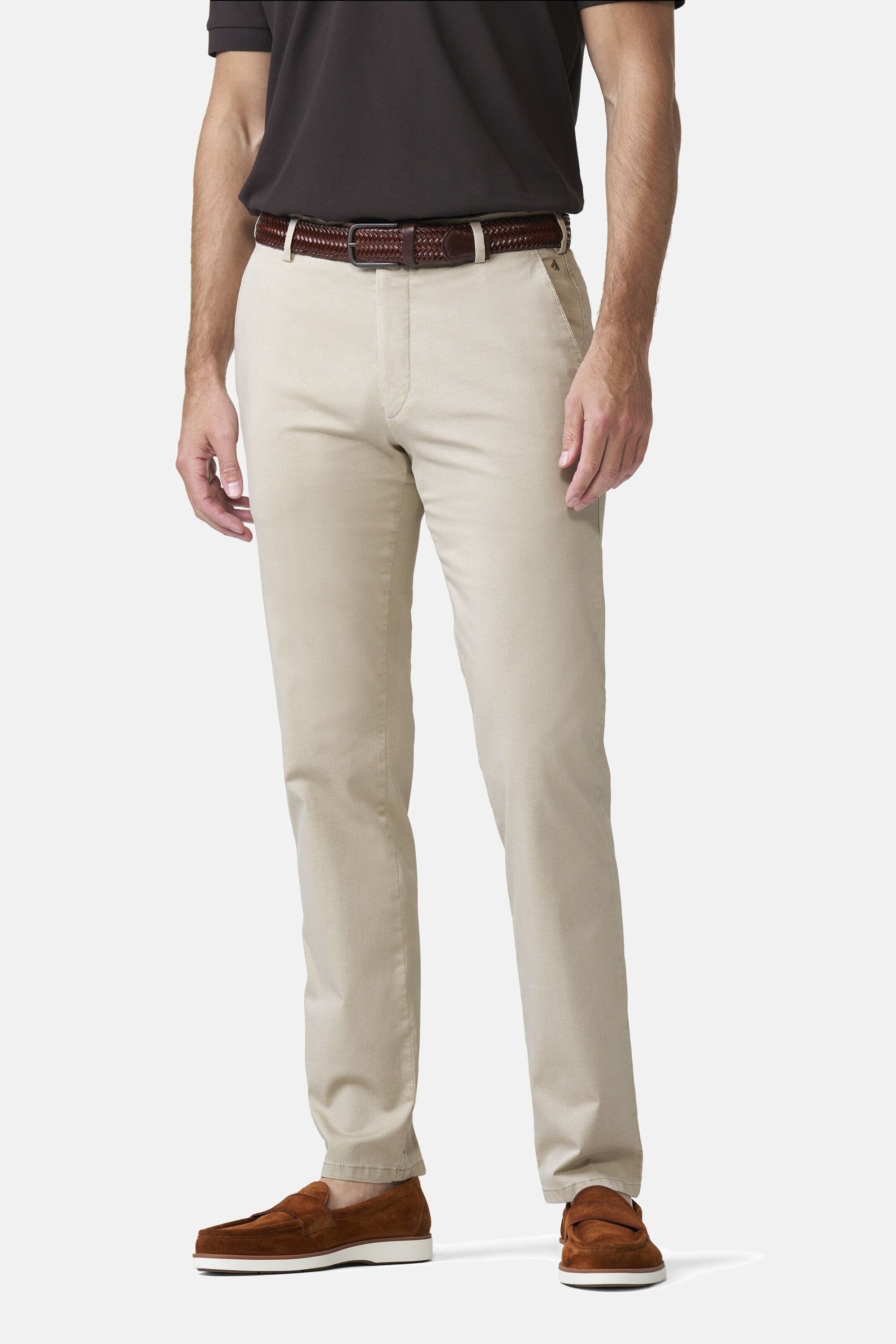 Chinos MEYER "NEW YORK Art.1-8130", Herren, Gr. 50, Normalgrößen, beige, gemustert, 90% Baumwolle, 7% Kapok, 3% Elasthan, unifarben, regular fit lang, Hosen, mit buntgewebtem Innenfutter