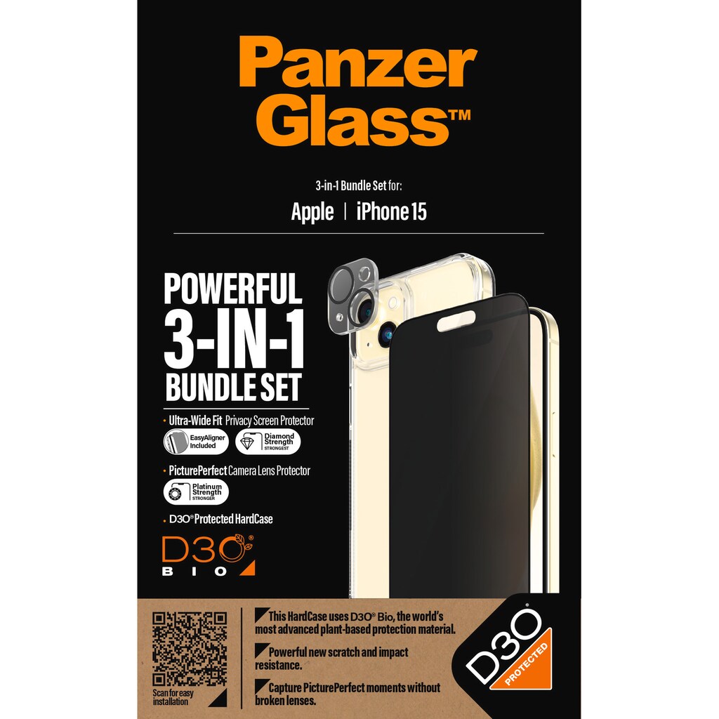 PanzerGlass Displayschutzglas »3-in-1-Privacy-Pack Privacy, Camera Protector und Cover«, für iPhone 15